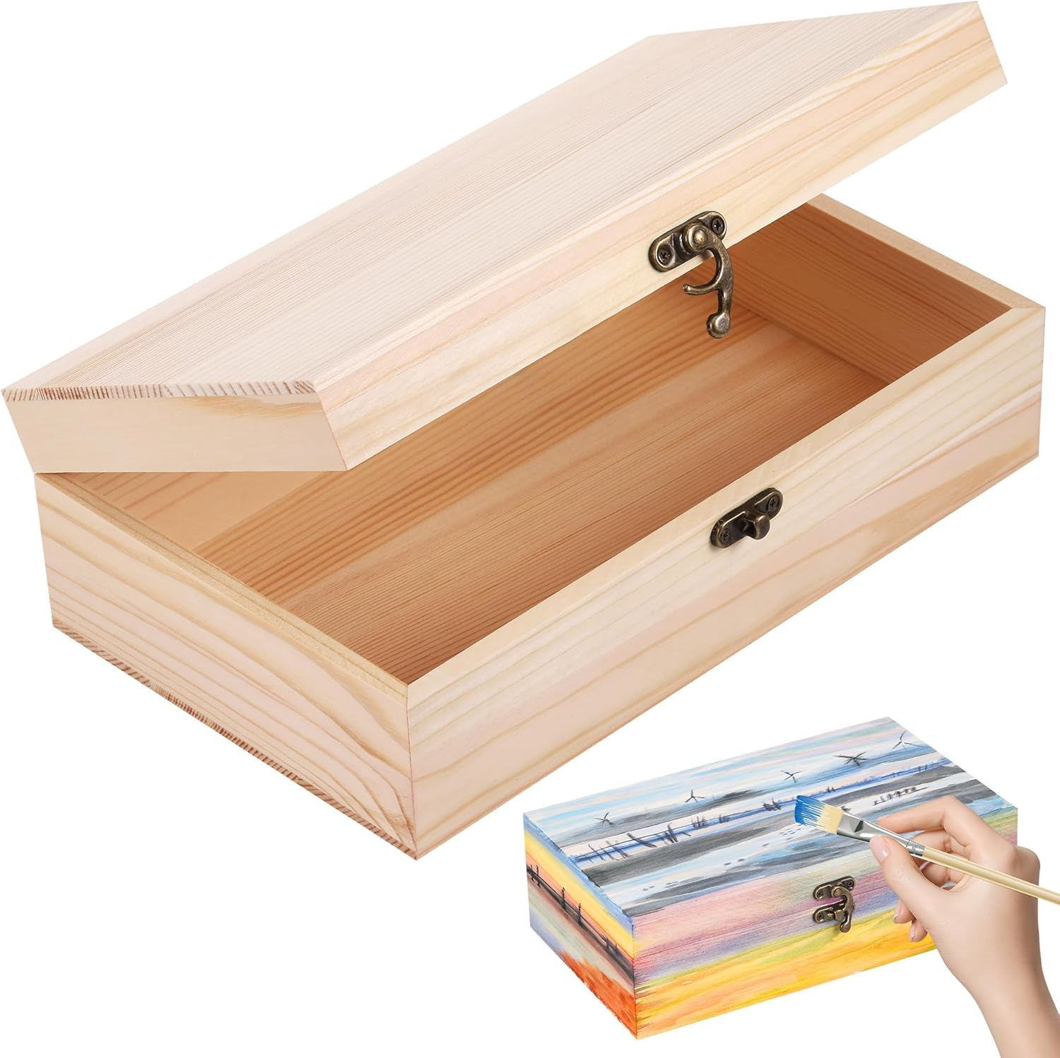 Unfinished Wooden Box with Lid, 25X15X8Cm Small Wooden Box with Hinged Lid & Locking Clasp, Pine Wood Small Wood Crate Boxs, Arts and Crafts Storage Box for Home Table Decoration Keepsake