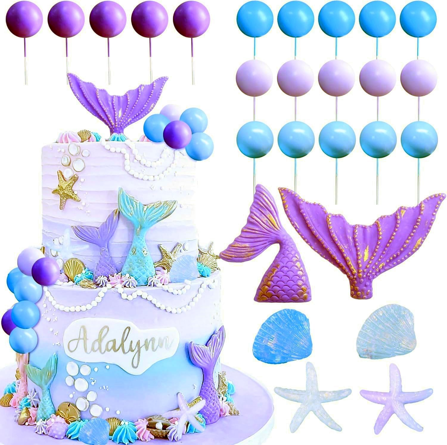 Jevenis Purple Mermaid Cake Toppers - under the Sea Cake Decoration Set with Seashells, Mermaid Tail, Sea Star Toppers