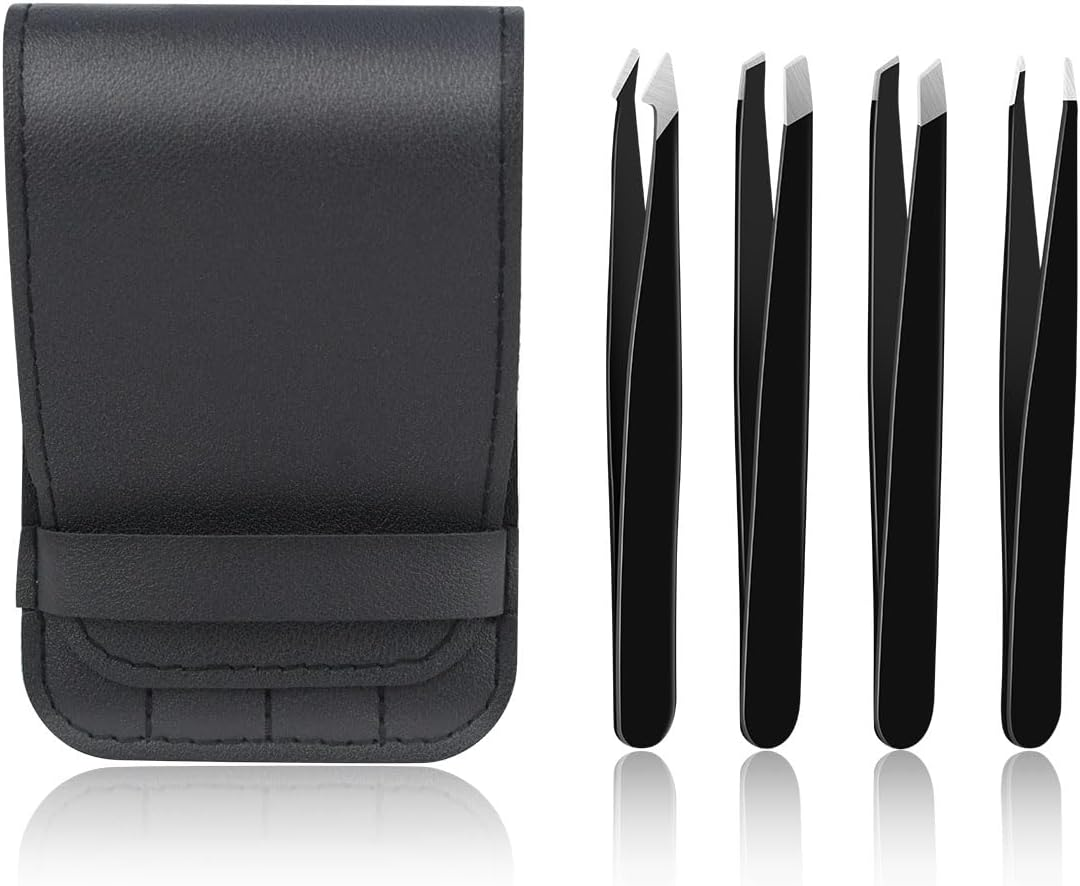 4 Pack Professional Eyebrow Tweezers Set - Stainless Steel Precision Tweezers for Facial Hair, Ingrown Hair & Splinter Removal (Black) image number 1