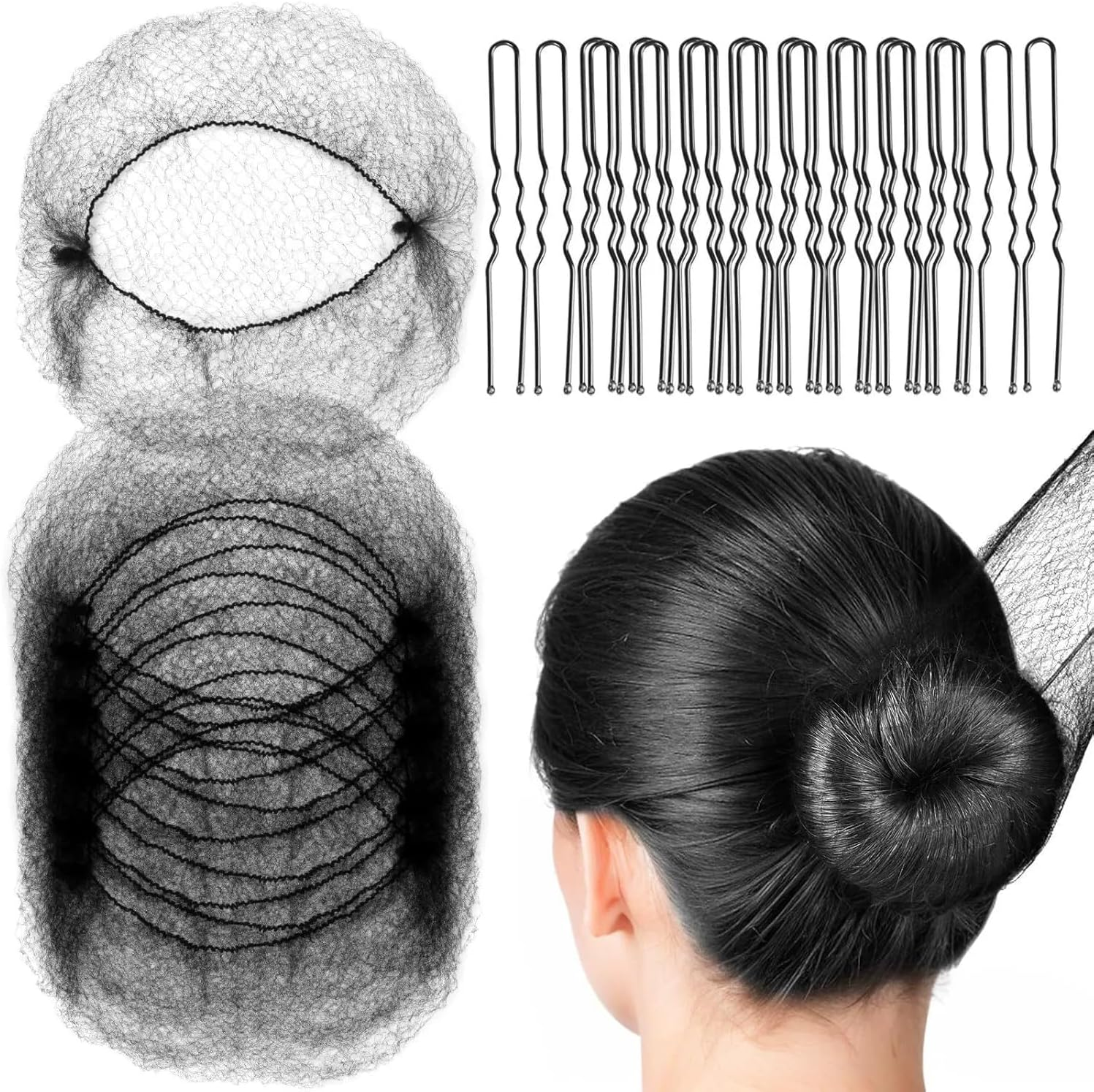 HIGHROCK 20PCS Hair Nets Buns and 50PCS U Shaped Hair Pins, Individual Package Invisible Nets Elastic Edge Mesh and 6Cm Pins for Women Girls Ballet Bun (BLACK)