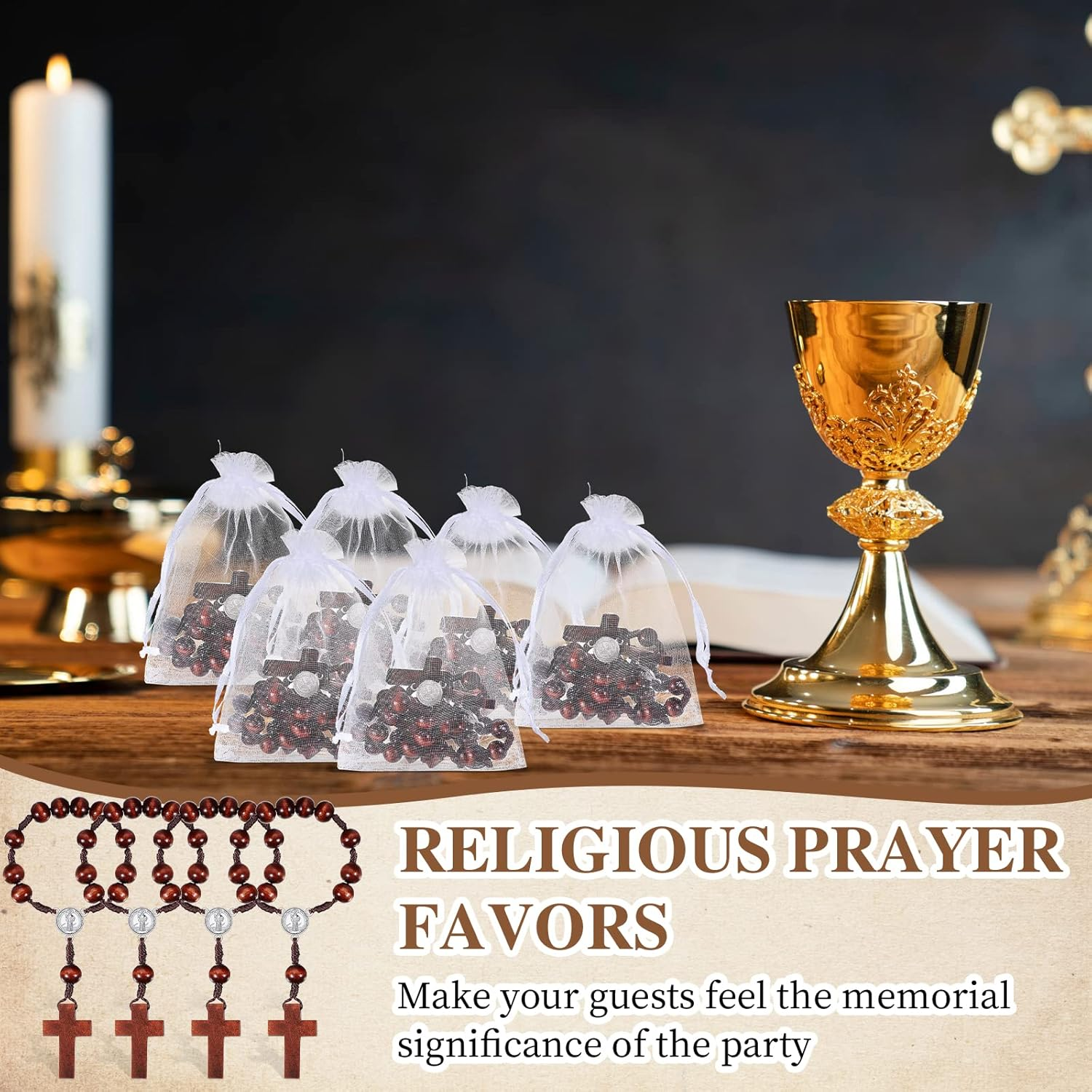 Yinkin 30 Pieces Baptism Rosary Bible Verse Favors Mini Baptism Favors Wood Rosary Religious Crosses Bulk Gifts with 30 Organza Bags Mini Rosaries Bulk for First Communion Christening Party Gift image number 1