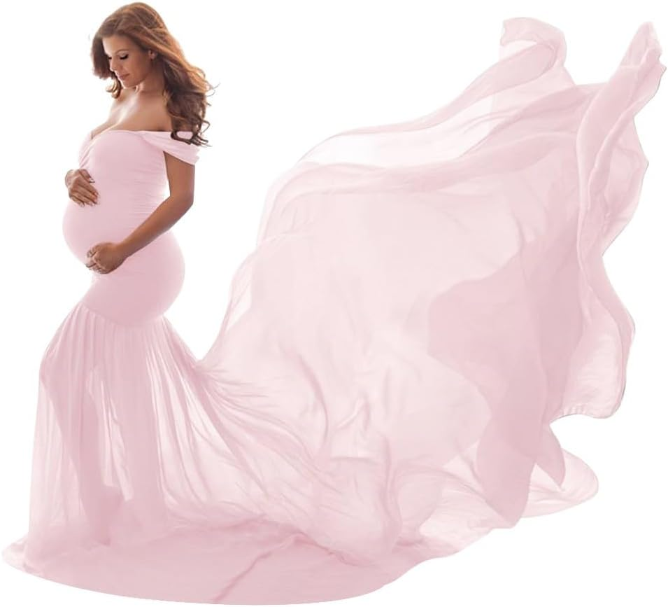 IWEMEK Women Maternity Dress for Photography Mermaid off Shoulder Slim Fitted Chiffon Gown Flowy Baby Shower Maxi Photo Props Dress image number 3