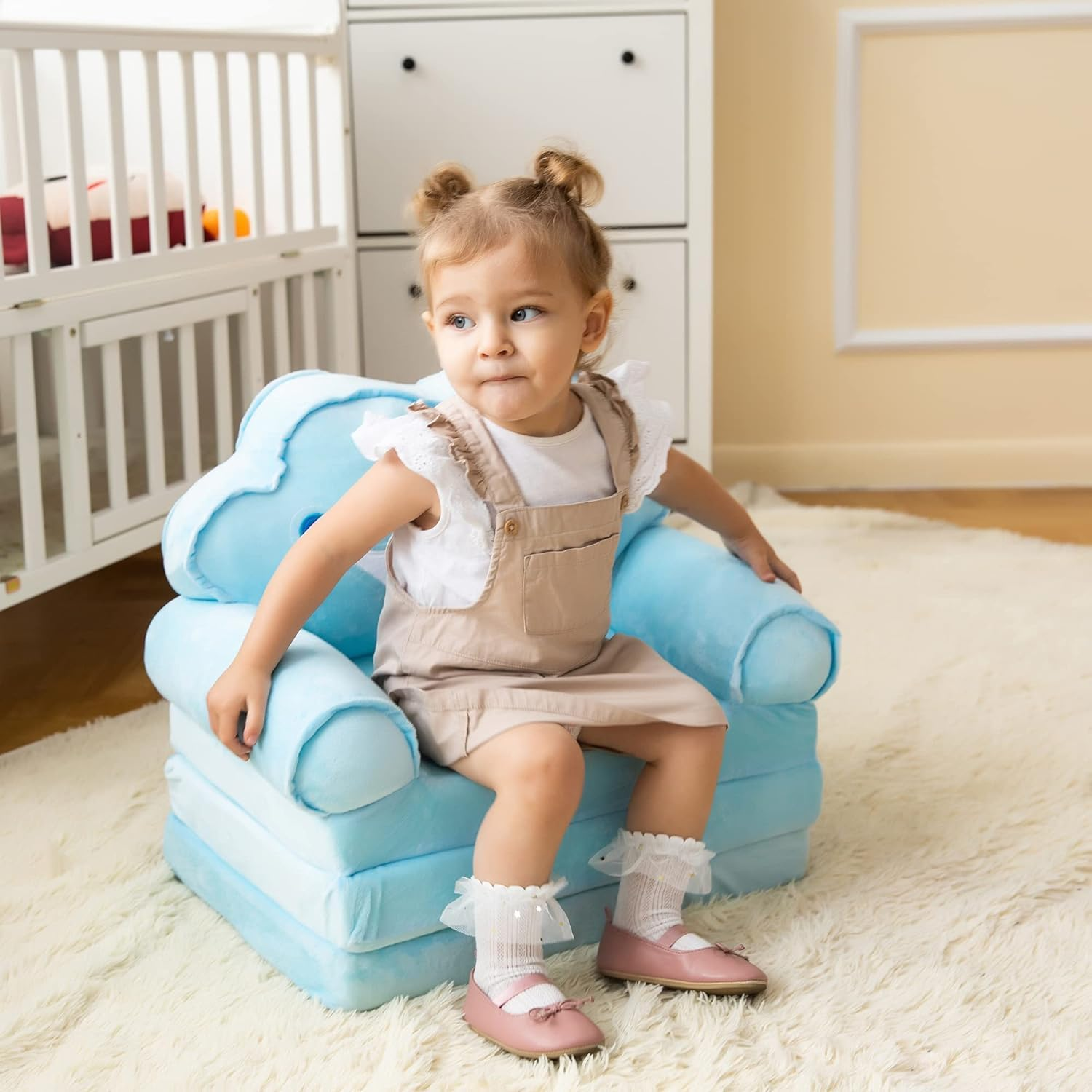 Uandhome Kids Foldable Sofa Bed,Princess Chair for Toddlers 1-3,Cartoon Shape,Baby Sofa Bed Foldable Out Couch for Bedroom,Sofa Bed for Girls (Blue) - Blue image number 5