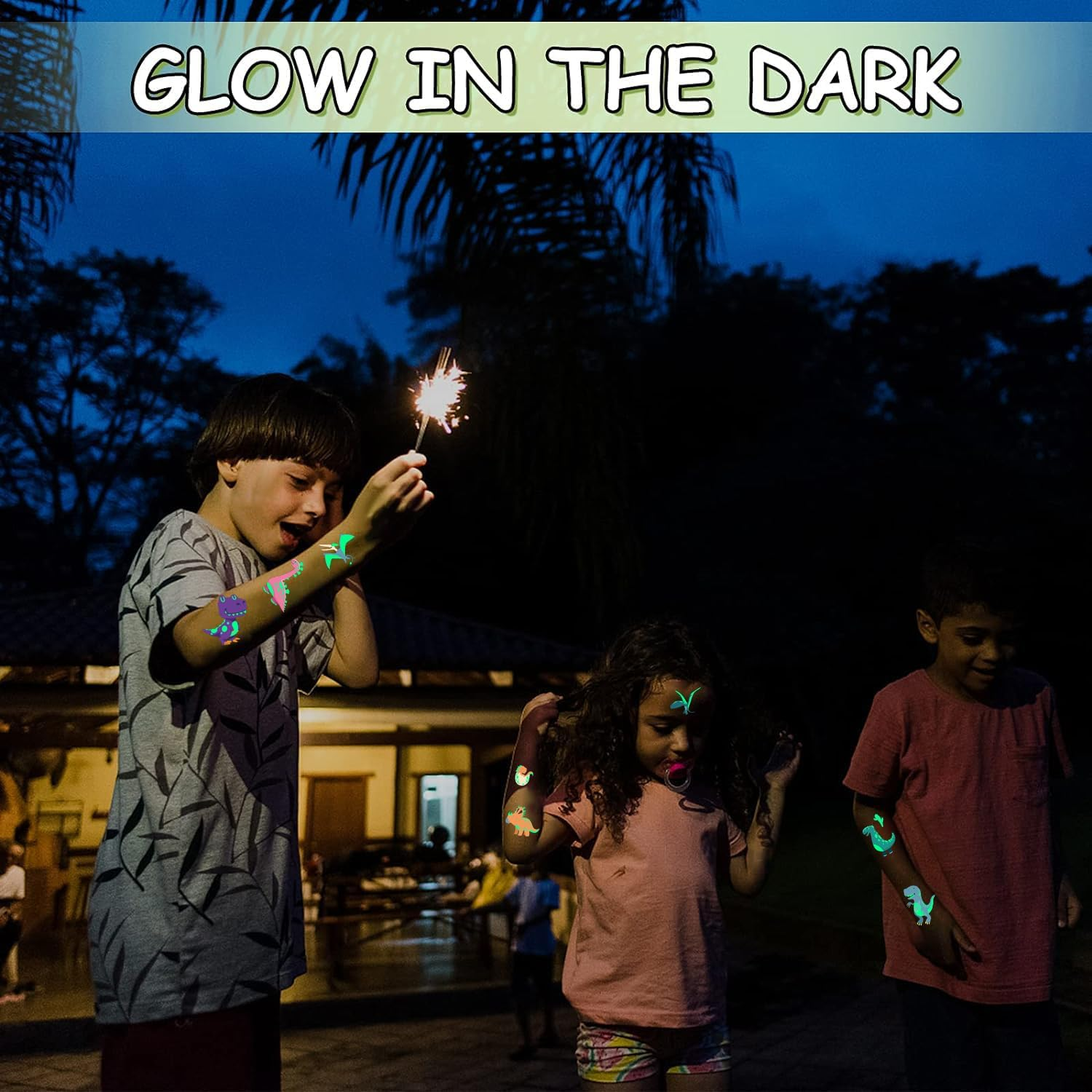 BUYLONG Dinosaur Temporary Tattoos Glow in the Dark Dinosaur Stickers, Temporary Face Sticker Set, Face Makeup Fake-S Tattoos, Birthday Party Supplies Decorations (108 Kinds of Glow) image number 4