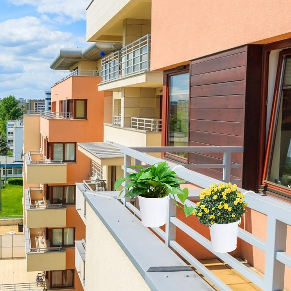 Yardwe 4 Pcs Hanging Flower Pots Metal Iron Balcony Planter Pots Wall Planter Bucket Flower Holders with Detachable Hooks, White