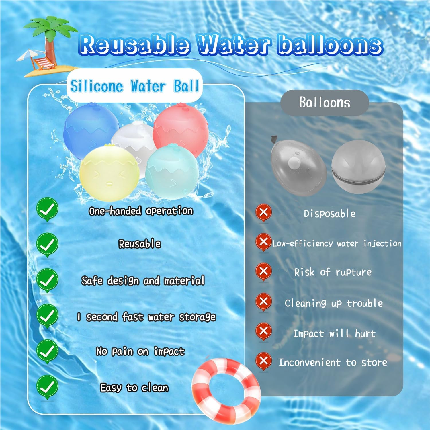 8Pcs Reusable Water Balloons, 6 Color Silicone Self Sealing Water Balls, Water Toys for Kids and Adults, Soft Water Bombs Fun Outdoor Beach Bath Water Toys Summer Swimming Pool Party Supplies