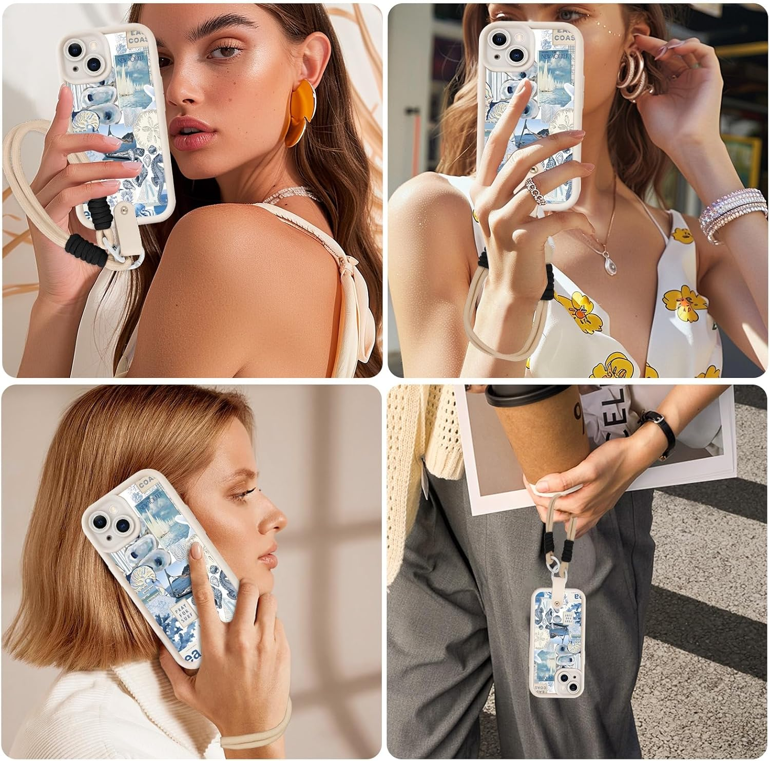 Yoedge Mobile Phone Case for Iphone 15, Case with Strap Chain, Cord Protective Case with Collage Aesthetic Coral Shells Pattern with Cord for Hanging Cover, Silicone Case 6.1 Inches, Puzzle image number 6