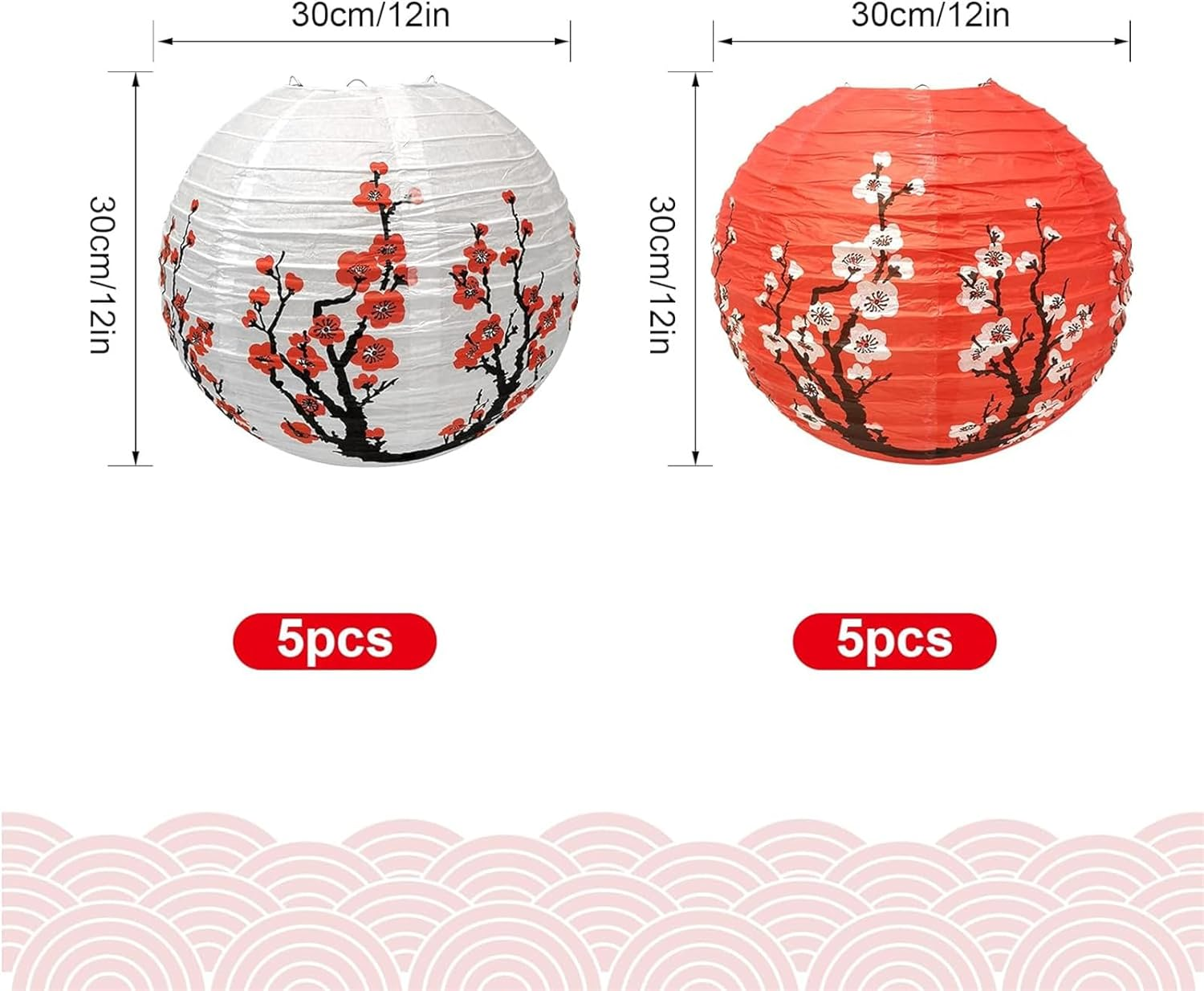 10PCS Chinese Japanese Cherry Blossom Paper Lanterns, 12 Inch 5PCS White Sakura Paper Lantern 5PCS Red Sakura Paper Lantern for Restaurant Home Wedding Party Decoration image number 1