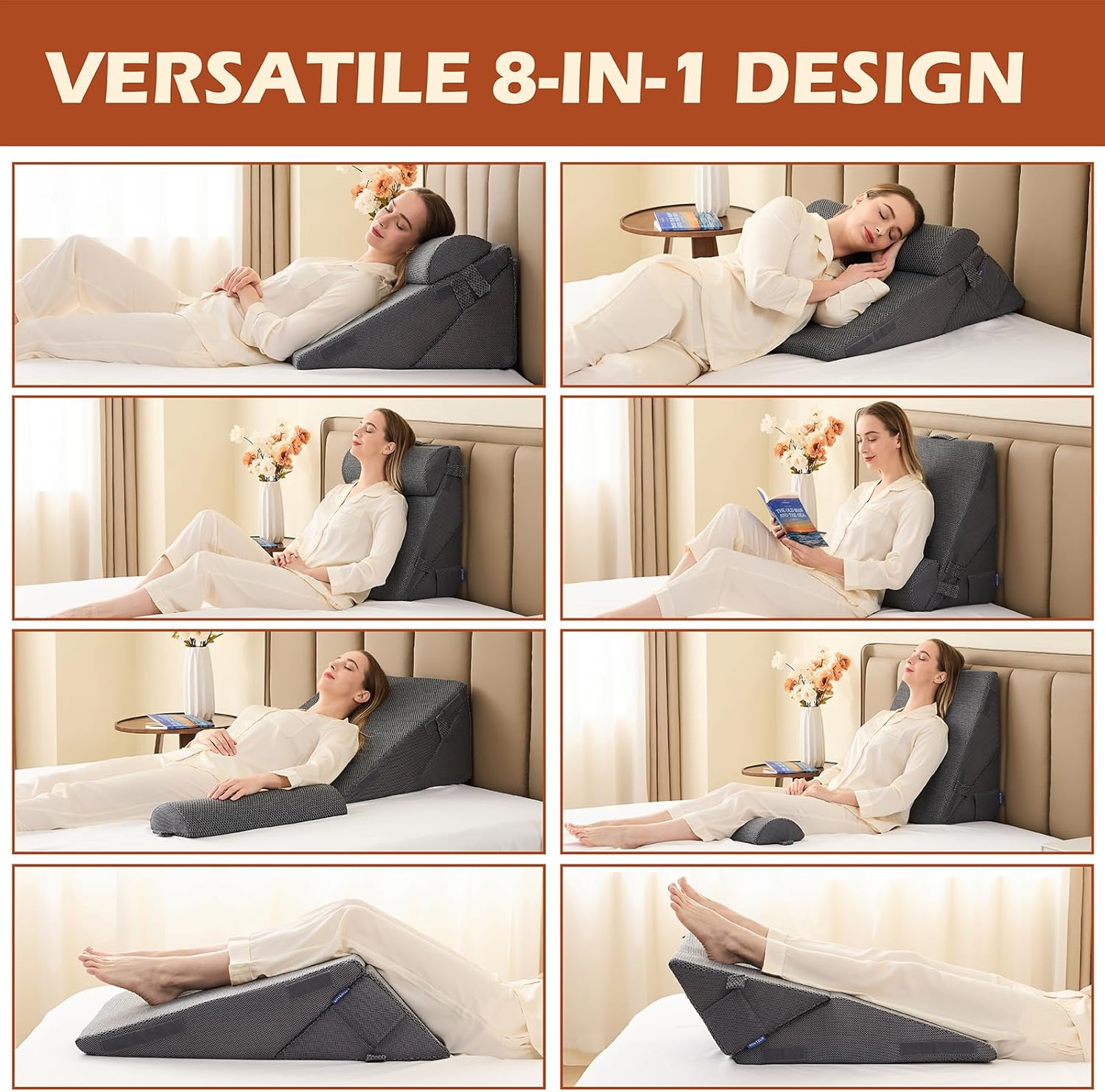 Orthopedic Bed Wedge Pillow Set, Foam Wedge Pillow Post Surgery for Back, Leg and Knee Support, Adjustable Triangle Pillow for Sleeping, Acid Reflux, Snoring,Reading (Charcoal Jacquard, 3 PCS Set) image number 4