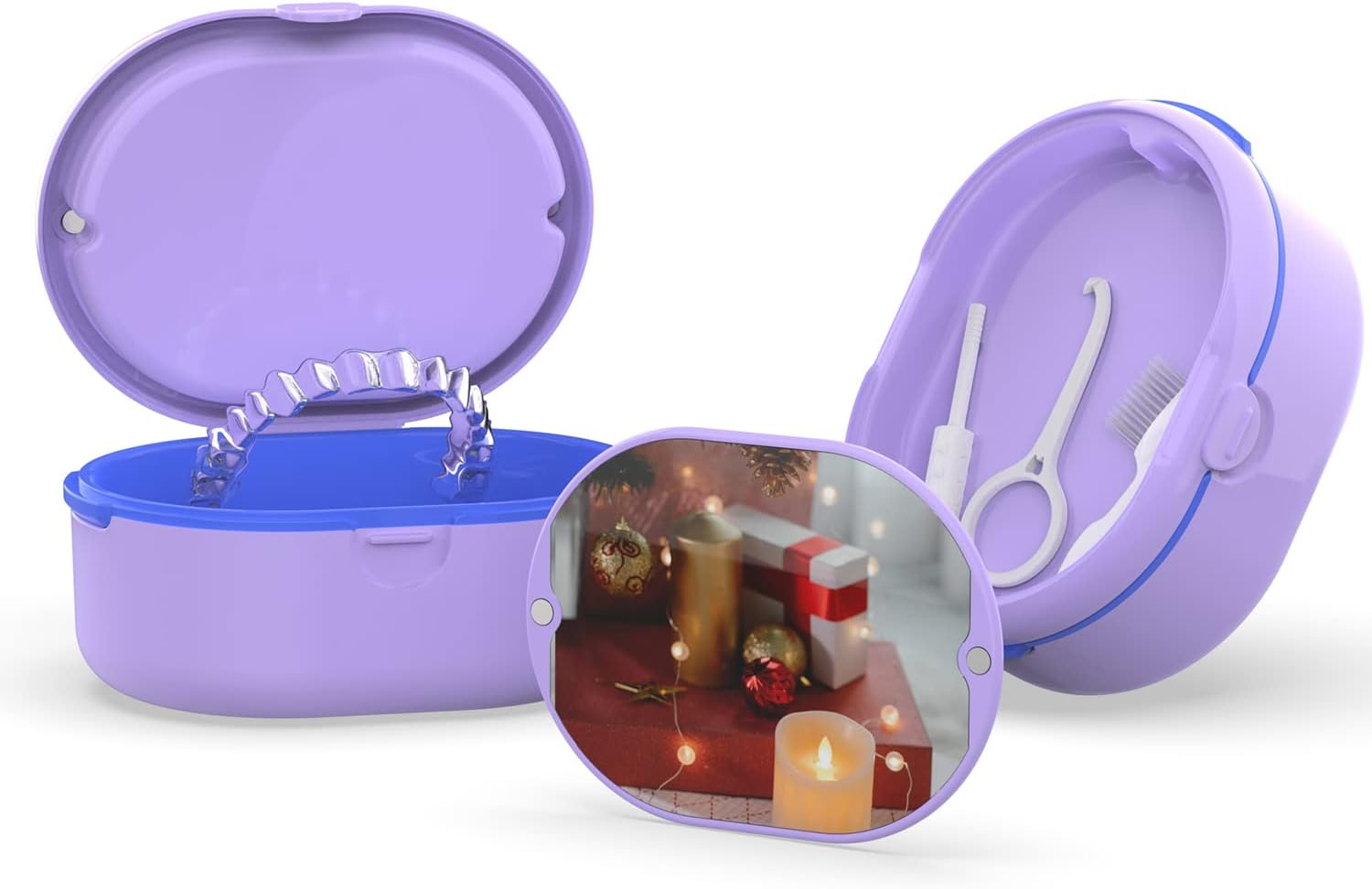 Large Denture Bath Case Cup Box Holder Storage Soak Container， Retainer Case,Mirror Orthodontics Mouth Guard Case,Suitable for Dentures, Partial Dentures, Chews and Removal Tool with Braces（Purple）&hellip; image number 3