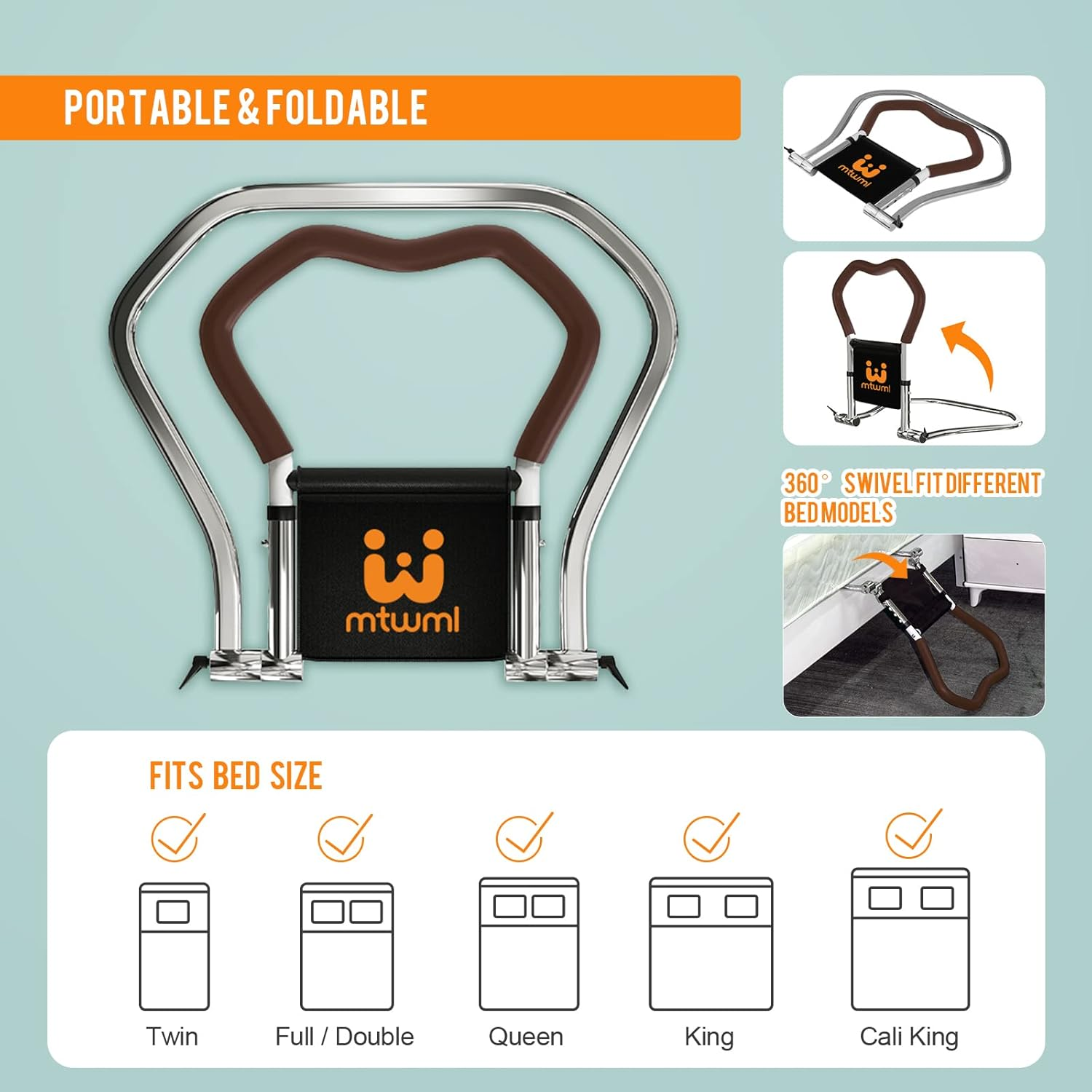 MTWML Bed Rails for Elderly Adults,Adjustable Height Safety Bed Assist Rail for Handicap Seniors Pregnant,Bedside Rails Get Out of Bed Helper with Pocket Fits King,Queen,Full,Twin Bed (Brown) image number 5