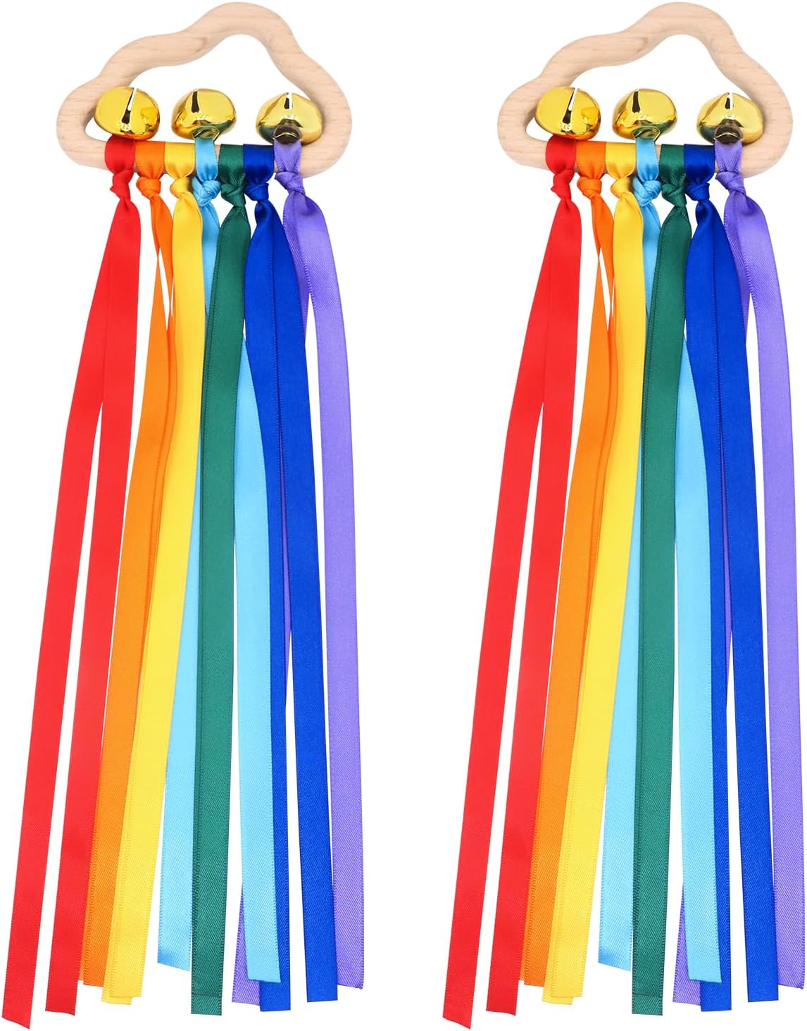 Baby Sensory Ribbon Ring Toys - 2Pcs Rainbow Ribbon Rattle Natural Wooden Ribbon Ring, Sensory Montessori Toy for 3+ Month Babies Toddler (Multicolor)