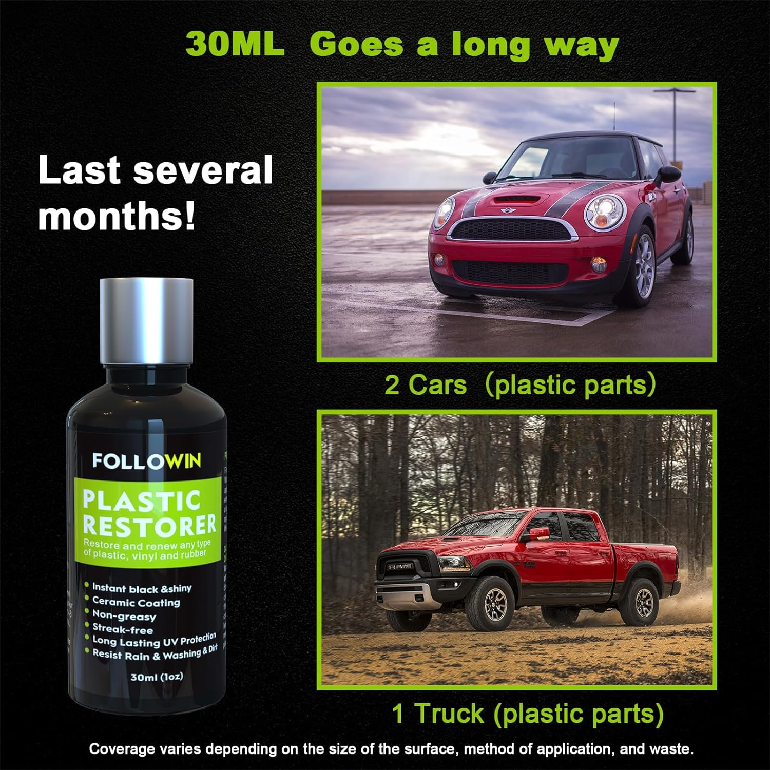 FOLLOWIN Plastic Restorer for Cars Ceramic Plastic Coating Trim Restore, Resists Water, UV Rays, Dirt, Ceramic Coating, Not Dressing, Last over 200 Washes, Highly Concentrated, 30Ml