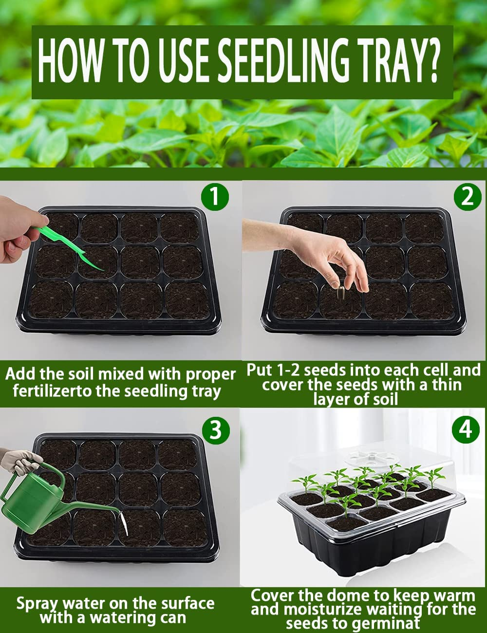 120 Cells Seedling Starter Tray Kit, 10 Pack Seed Starting with Humidity Dome and Base Vented Trays for Greenhouse Gardens, Adjustable Plant Starter Kit, Mini Propagator for Germination (Black) image number 4