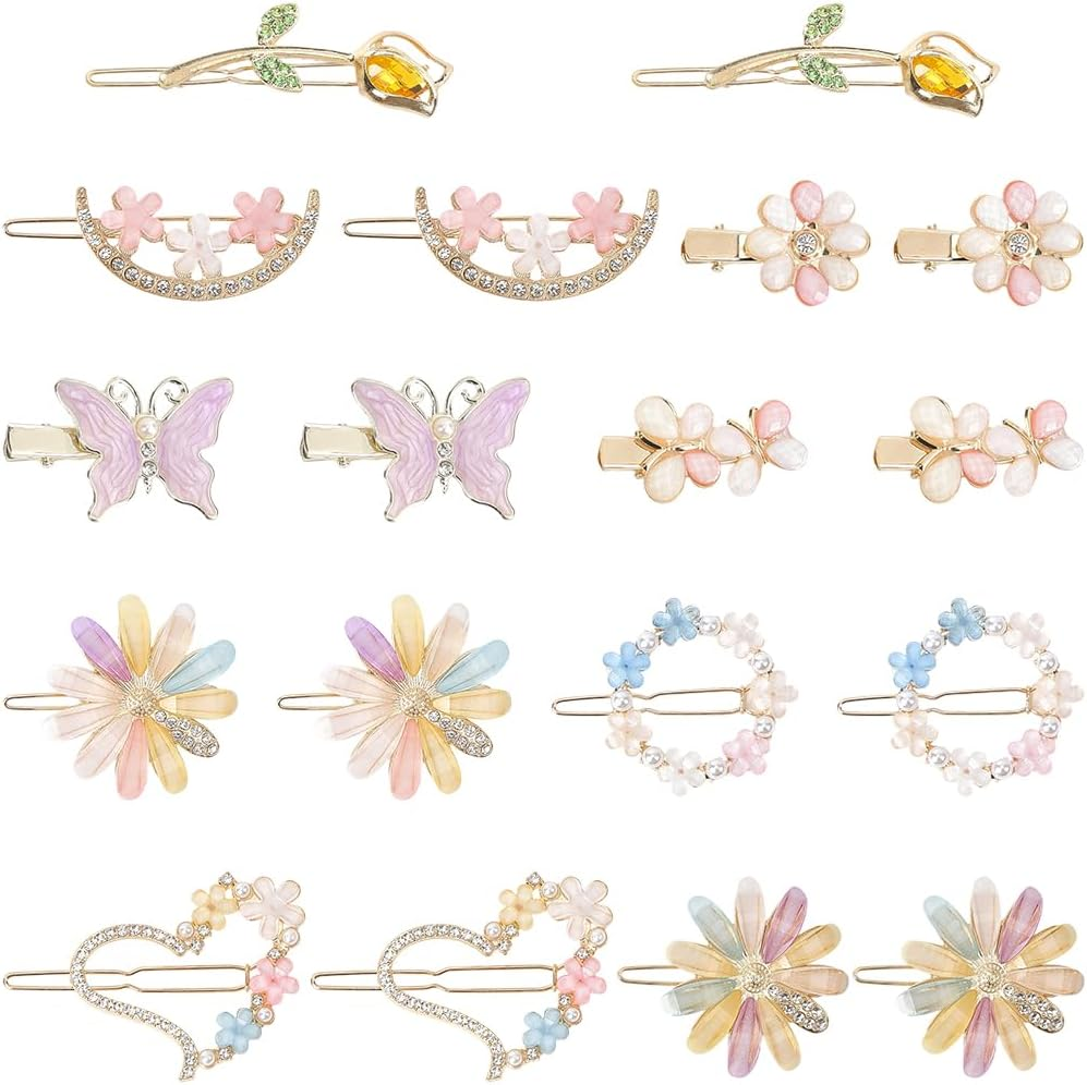 SUNNYCLUE 18Pcs Heart Shaped Hair Barrettes Rhinestone Alligator Hair Clips Colorful Resin Butterfly Flower Aesthetic Alloy Decorative Bobby Hairpins Accessories for Short Long Hairstyle DIY Decor image number 3