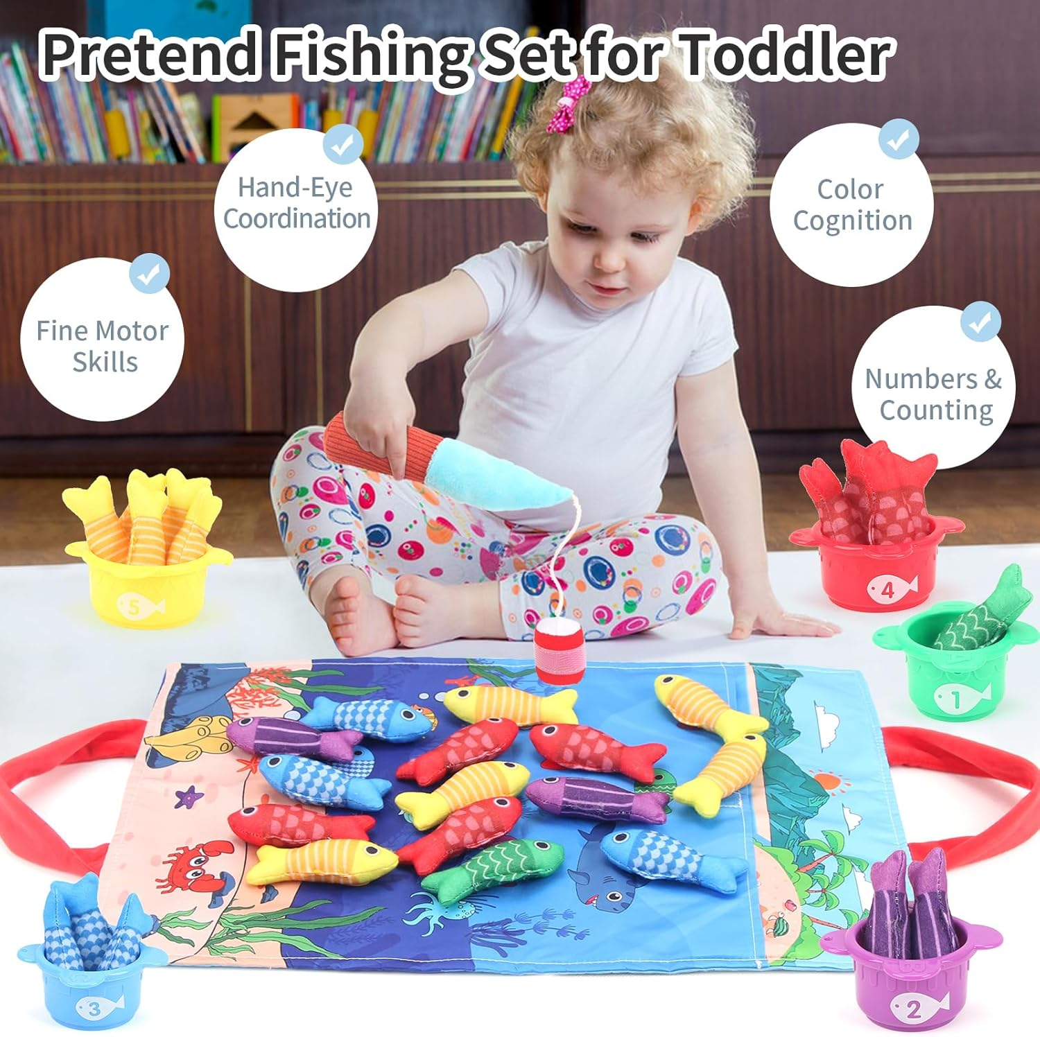 Montessori Toys for 1 Year Old, Cloth Fishing Game, Boy Girls Toys Gifts, Baby Toys 6 to 12-18 Months, Baby Stacking Cups