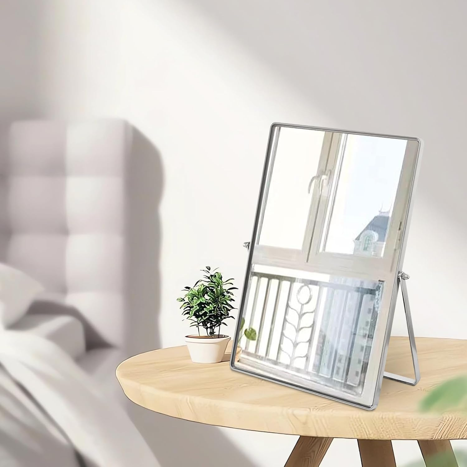 Makeup Vanity Mirror Portable Desktop Mirror with Metal Stand Adjustable 90&deg; Rotation Desk Mirrors for Dressing Room,Bedroom, Bathroom,Tabletop,Square Silver image number 2