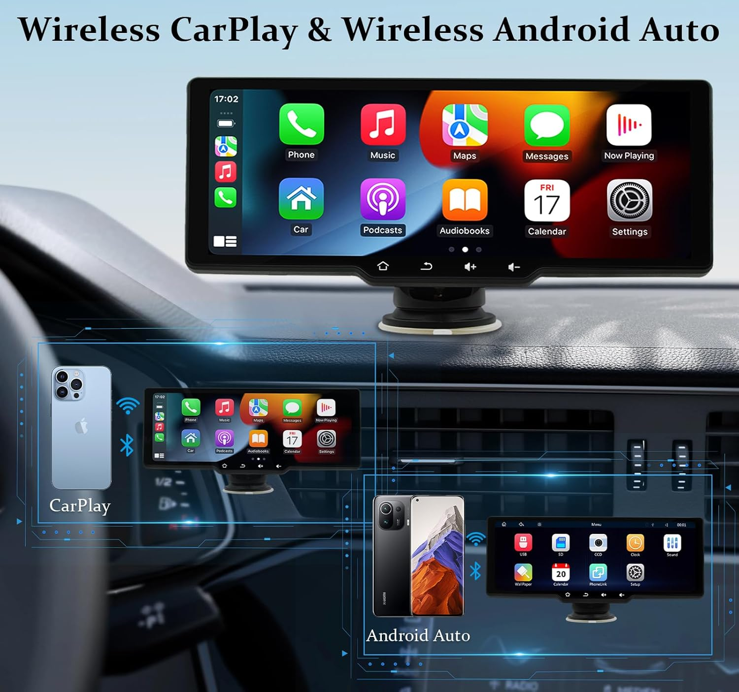 Oolong Wireless Apple Carplay & Android Auto,10.26" Portable Carplay IPS Touch Screen with 1080P Rear View Camera, Airplay/Mirror Link, Voice Control,Gps,Fm/Aux/Bluetooth,Suitable for All Vehicles image number 6