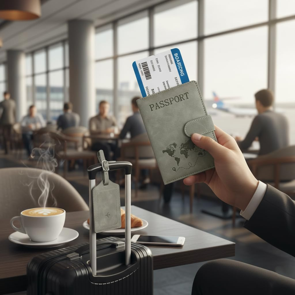 Passport Holder Cover with Luggage Tag, PU Leather Passport Cover, Portable Universal Travel Wallet Organiser for Passports Boarding Passes Credit Cards Travel Documents​ (Gray)