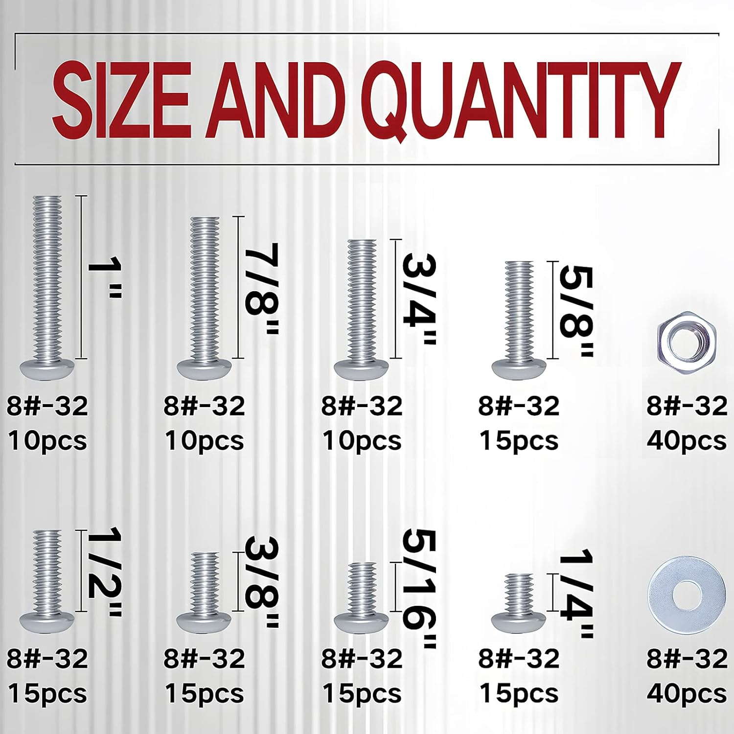 Zmbroll #8-32 185Pcs Phillips Pan Head Machine Screws 304 Stainless Steel Machine Screw Full Thread Fasteners Bolts Nuts and Washers Assortment Kit image number 5