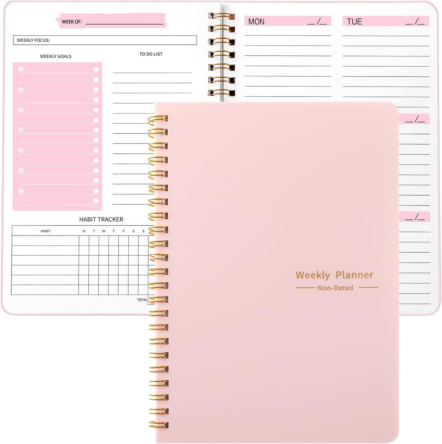 OSYLICT Weekly Planner Notebook,Undated A5 Daily Planner to Do List Diary,52 Weekly Habit Tracker Journal with Spiral Binding for College Work School Home Supplies (Pink)