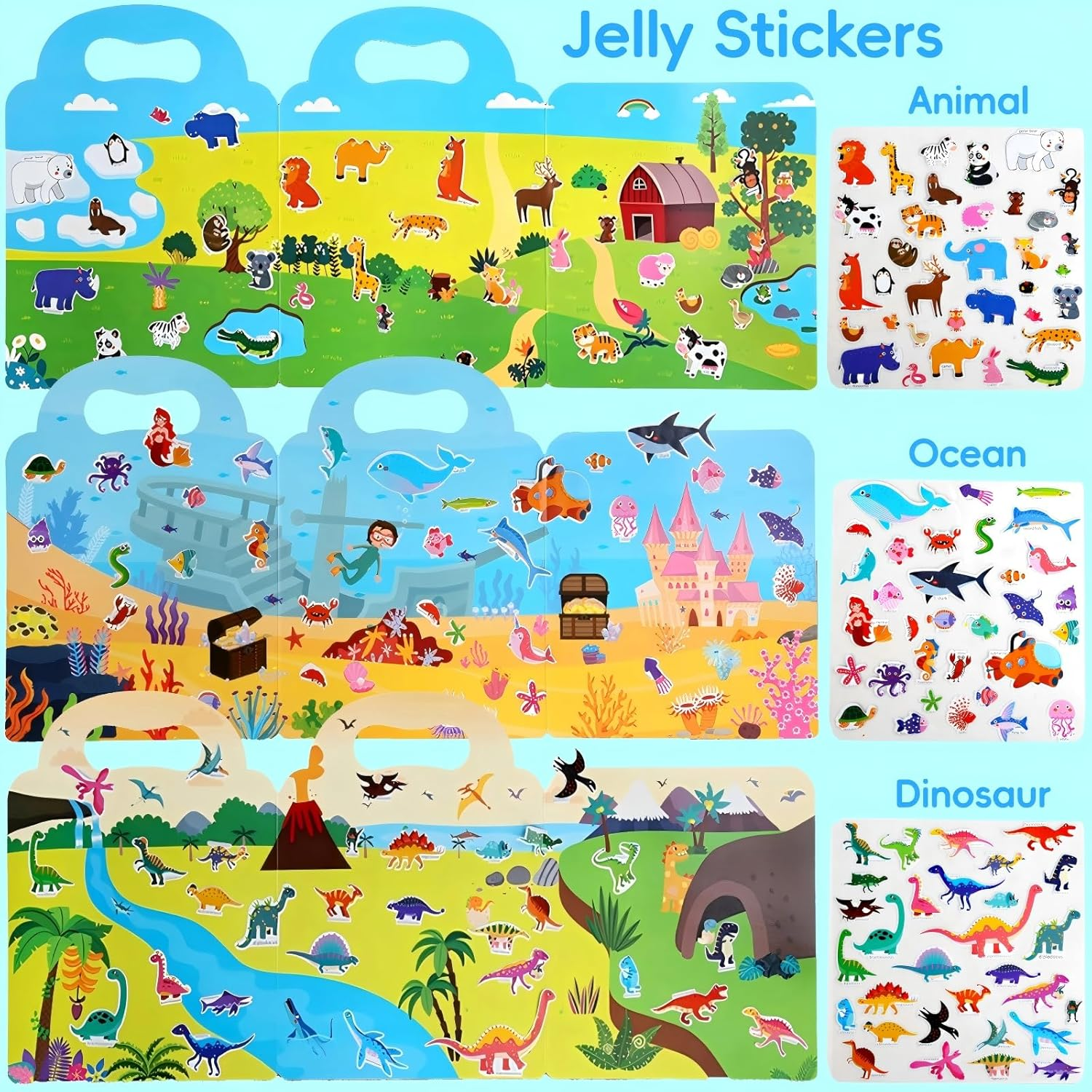 6 Sets Reusable Sticker Books for Toddlers, Includi 6 Themed Space, Animal, Ocean World, Vehicle, Insect, Dinosaur, Jelly Sticker Books for Toddlers 3-5 Years, Toddler Travel Toys image number 6