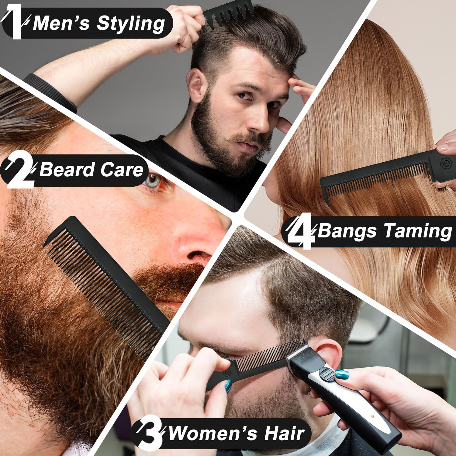 Folding Travel Comb for Men - 3-In-1 Black Flip Design with Wide & Fine Teeth for Hair Beard Mustache image number 4