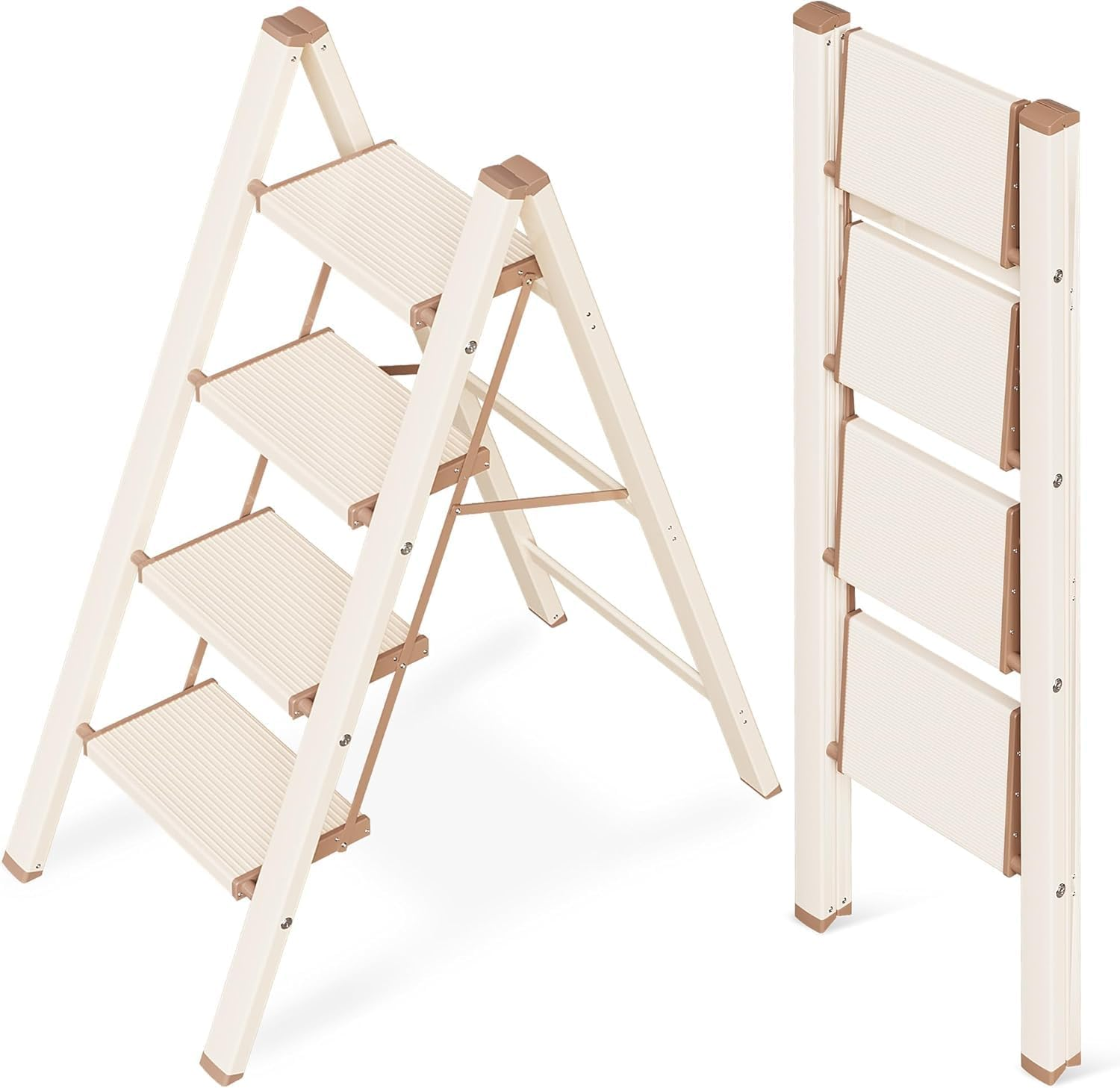 4 Step Ladder, Retractable Handgrip Aluminum Folding Step Stool Non-Slip Wide Steps Foldable Design Heavy Duty 330Lbs 150KG Capacity for Home Office (Cream White, 4 Step Ladder) image number 3