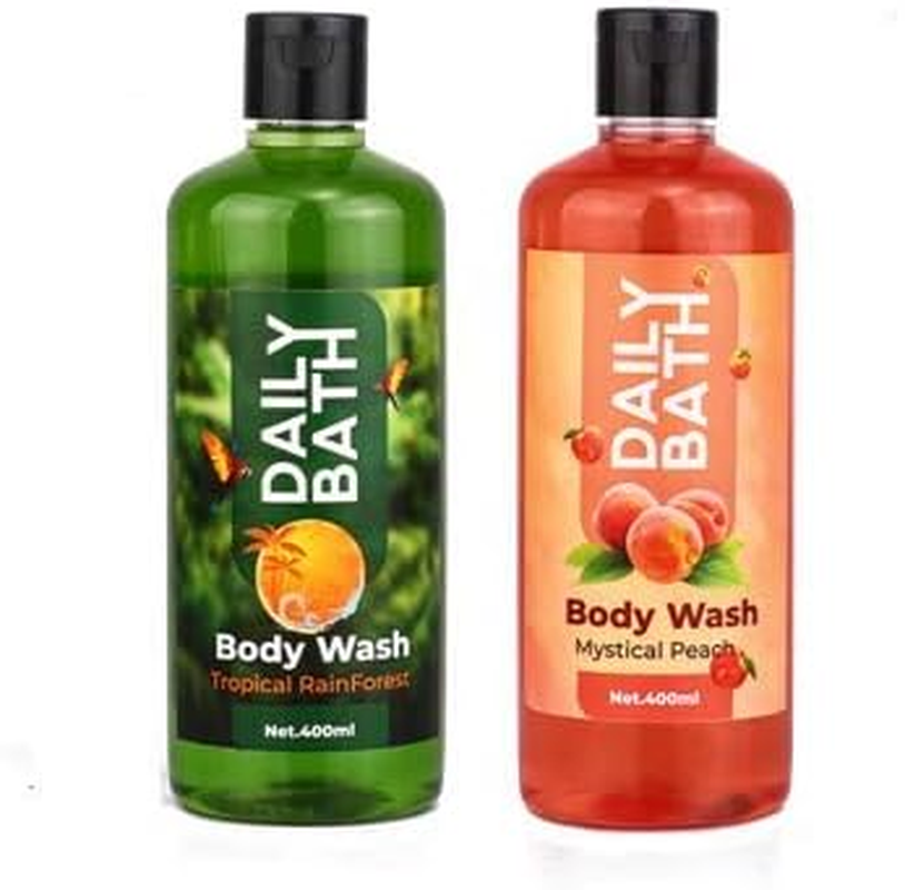 Jeehukm All Skin Types Daily Bath Body Wash Tropical Rain Forest & Mystical Peach Pack of 2 (400 ML EACH) BATH LOAF FREE