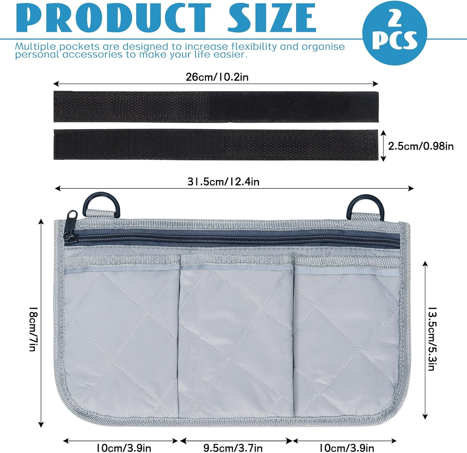 2 PCS Wheelchair Bag and Reflective Stripes, Black and Gray Wheelchair Side Bag, Wheelchair Accessories for Seniors, Wheelchair Armrest Side Bag for Manual Wheelchair, Electric Wheelchairs, Rollator and Walker (Gray) image number 1