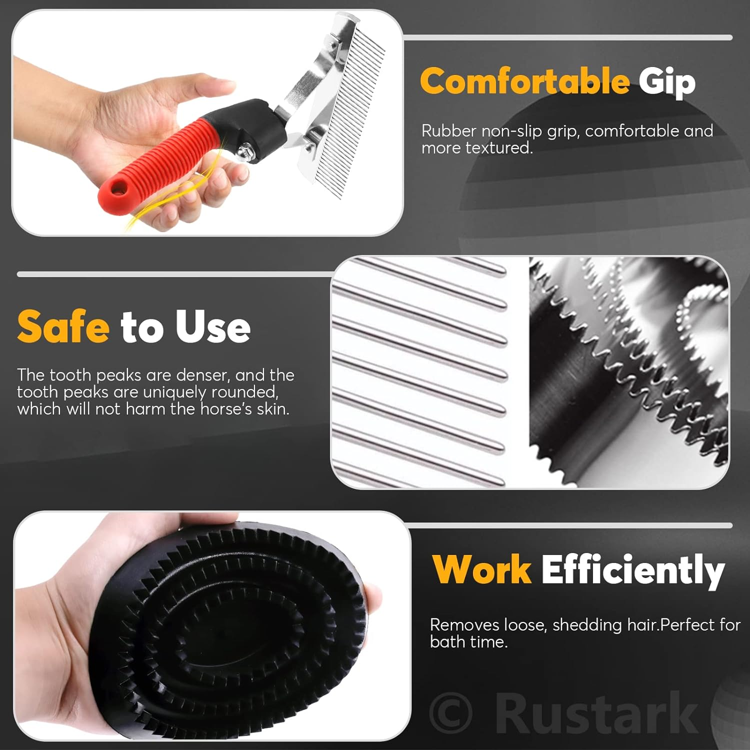 Rustark 3Pcs Reversible Stainless Steel Curry Grooming Set with 4 Rings: Large Rubber Comb, Scotch Type Comb, Metal Brush for Cows, Sheep, Dogs, Goats, Horses image number 1
