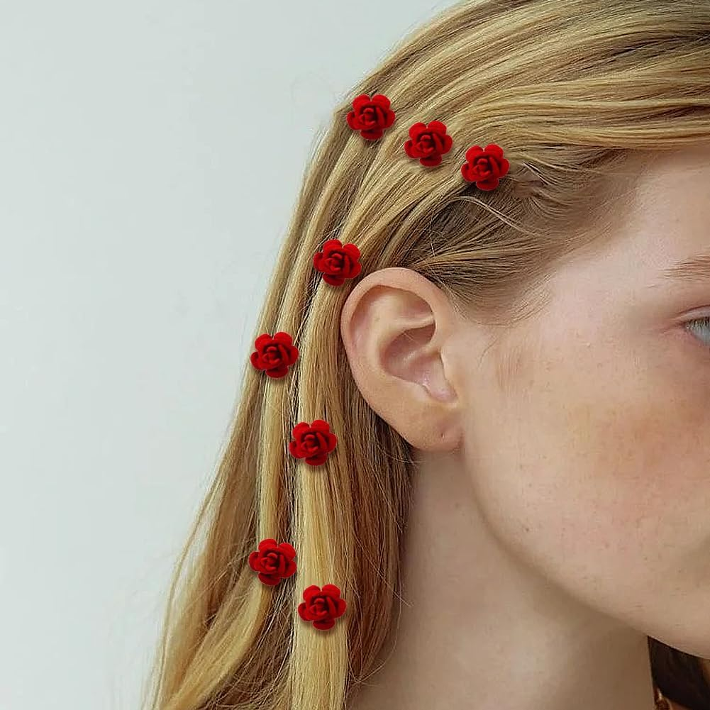 GOMAKERER 28 Pcs 2 Styles Mini Flower Hair Clip, Small Red Rose Flower Hair Pins Wedding Bridesmaid Bridal Clips Cute Hair Accessories for Women Girls