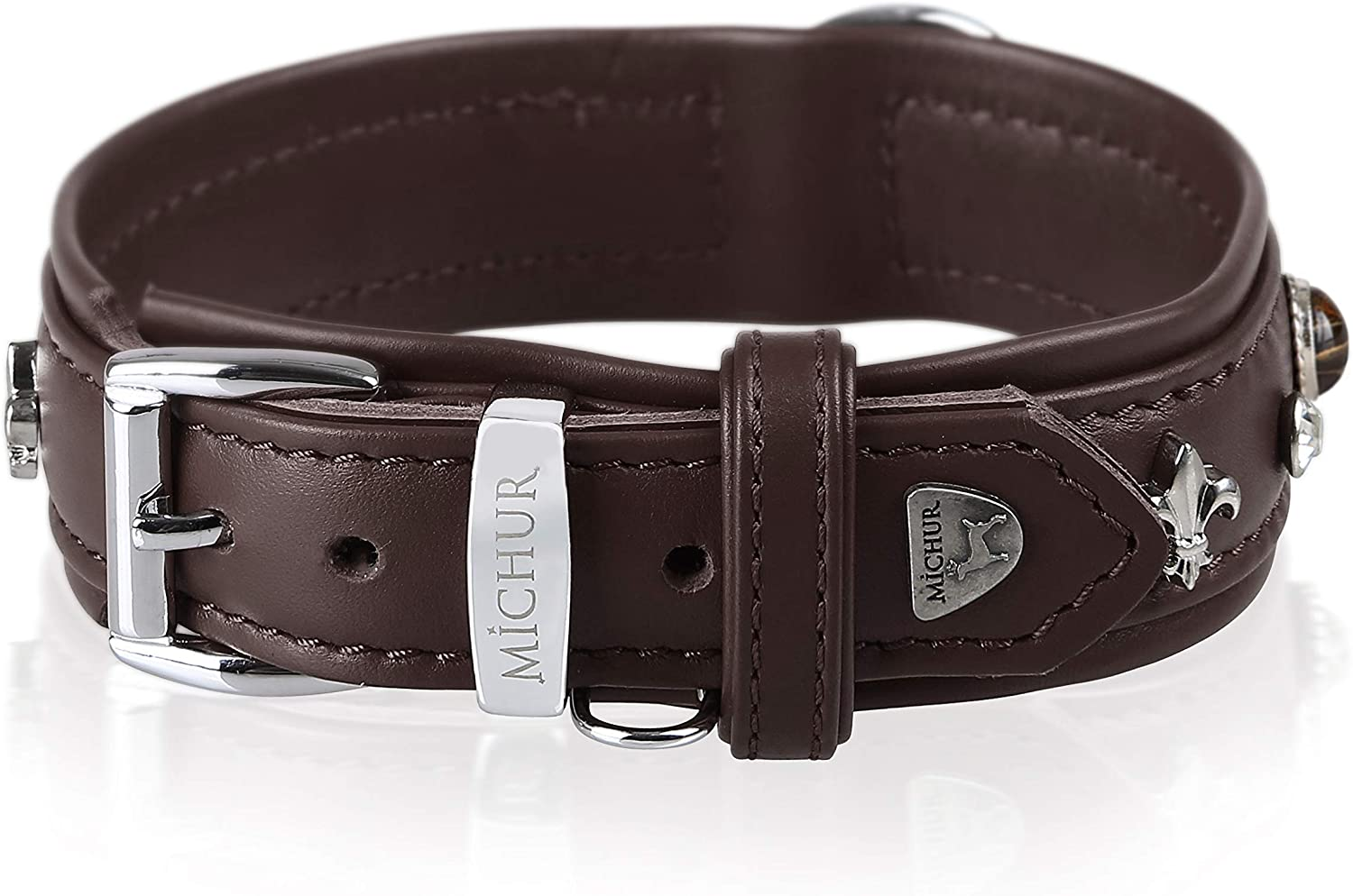MICHUR Mateo Leather Dog Collar Brown Leather with Lilies Rhinestones and Large Brown Stone Leather Collar for Dog image number 6