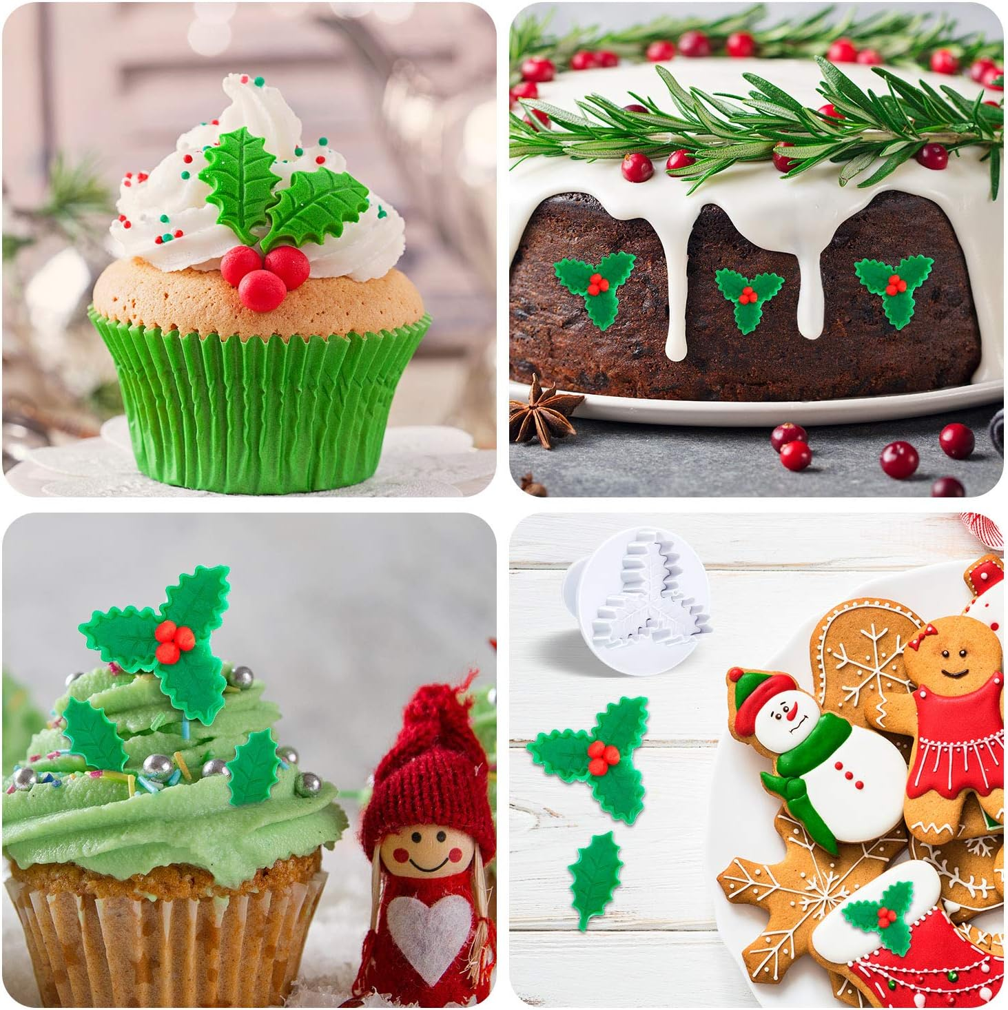 Patelai 12 Pieces Holly Leaf Plunger Cutter, Christmas Holly Leaves Cookie Fondant Mole Cutter, Christmas Party Cupcake Gum Paste Cutter for Sugar Craft Decorating Baking Tools