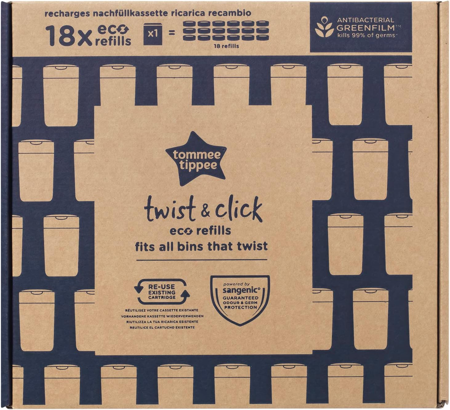 Tommee Tippee Twist & Click Nappy Bin Refills, Pack of 3, Multilayer, Antibacterial* Film, Designed to Slot into Your Existing Twist & Click Nappy Bin Cassette