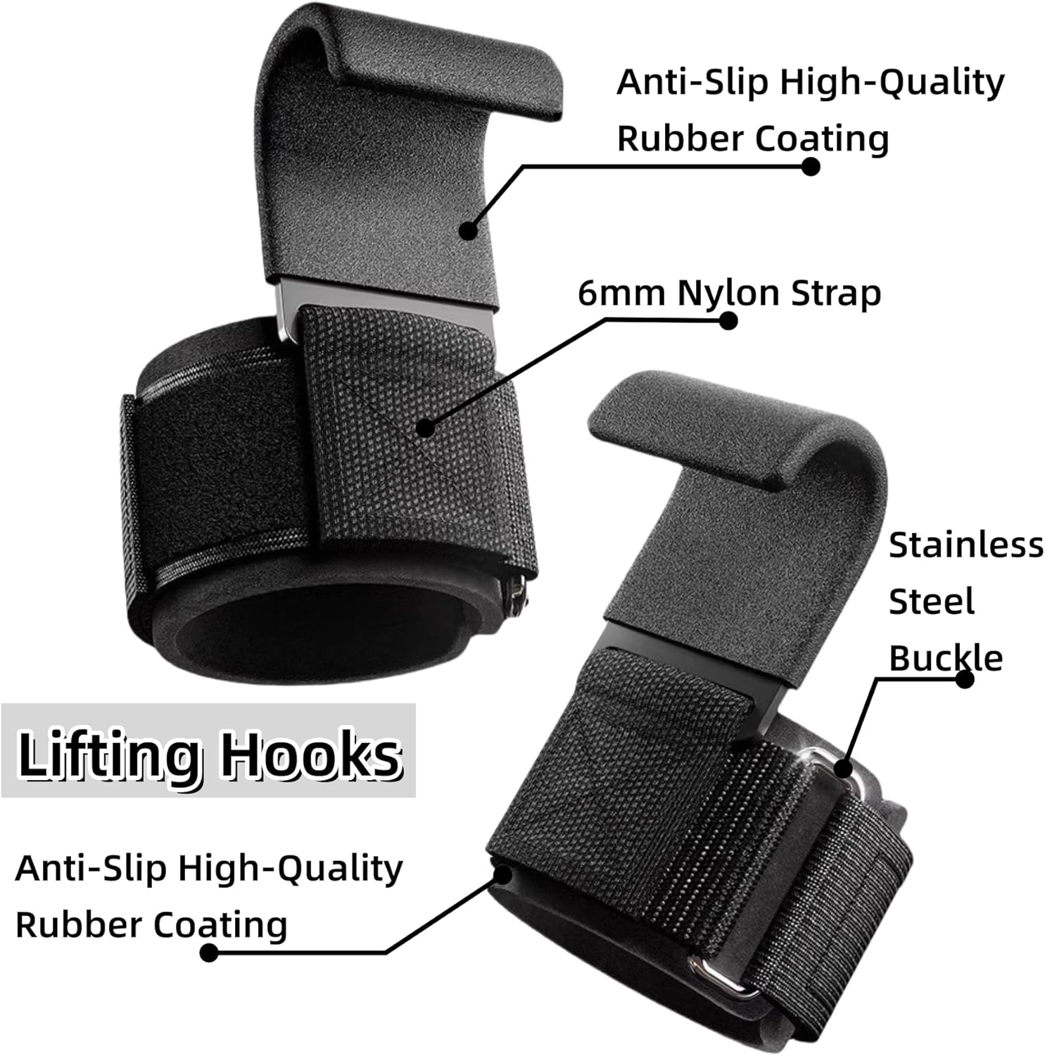 Weight Lifting Wrist Straps and Hooks Set - Black, Reinforced Stainless Steel Hooks with Non-Slip Rubber Pads, Adjustable Neoprene Wristband for Deadlifts, Pull-Ups, and Strength Training