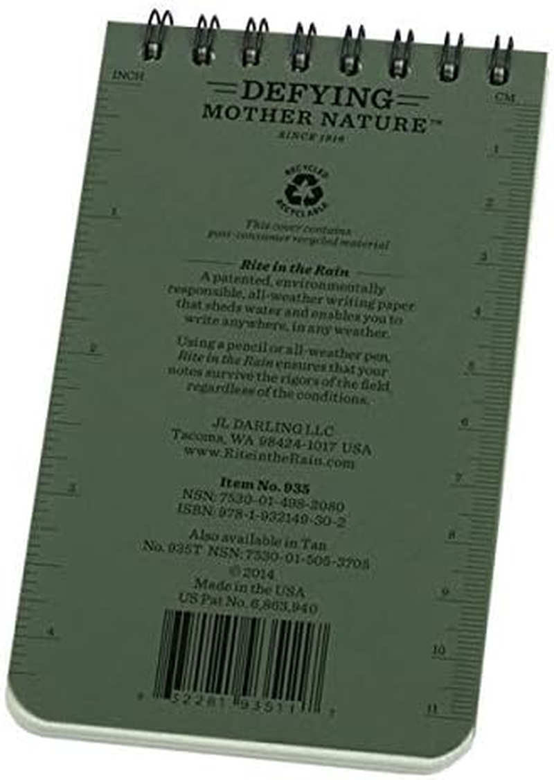 Rite in the Rain Weatherproof Top Spiral Notebook, 3" X 5", Green Cover, Universal Pattern (No. 935) image number 3