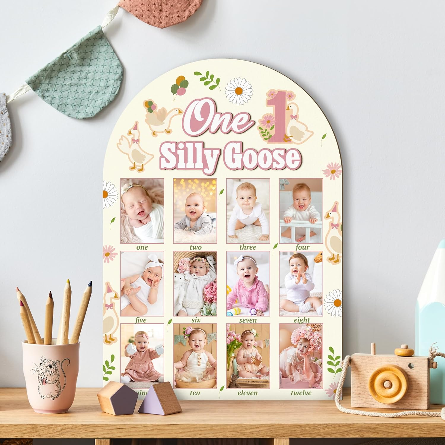 R HORSE My First Year Photo Frame Board, 3D One Silly Goose Birthday Decorations Display Wood Board, Baby First Year Picture Frame 12 Months Milestone 1St Birthday Nursery Decor Gift for Boy Girl image number 6