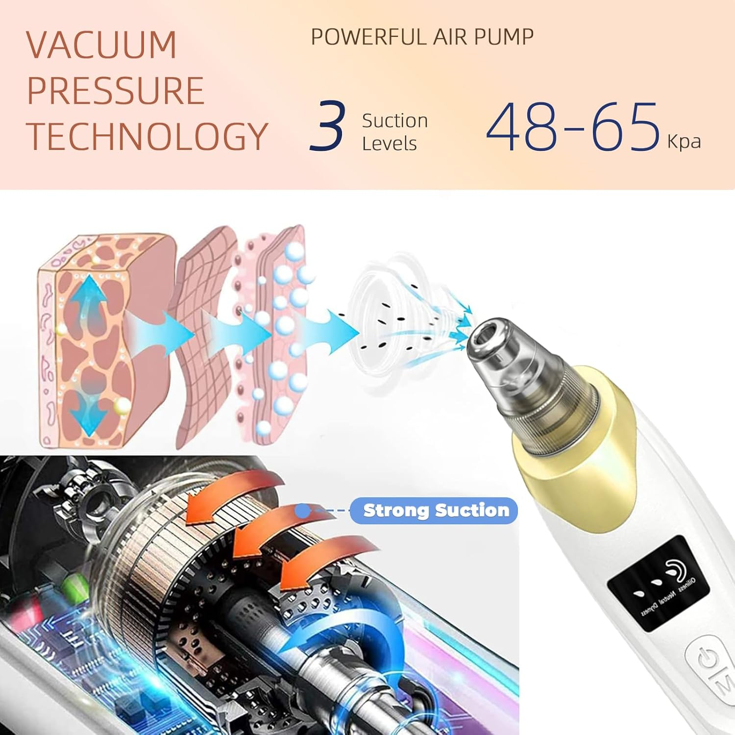 2025 Pore Vacuum, USB Rechargeable Blackhead Remover Vacuum,3 Levels Adjustable Pore Vacuum Blackhead Remover, with 5 Suction Power,6 Probes,Face Vacuum Pore Cleanser for Women & Men-Gold image number 3
