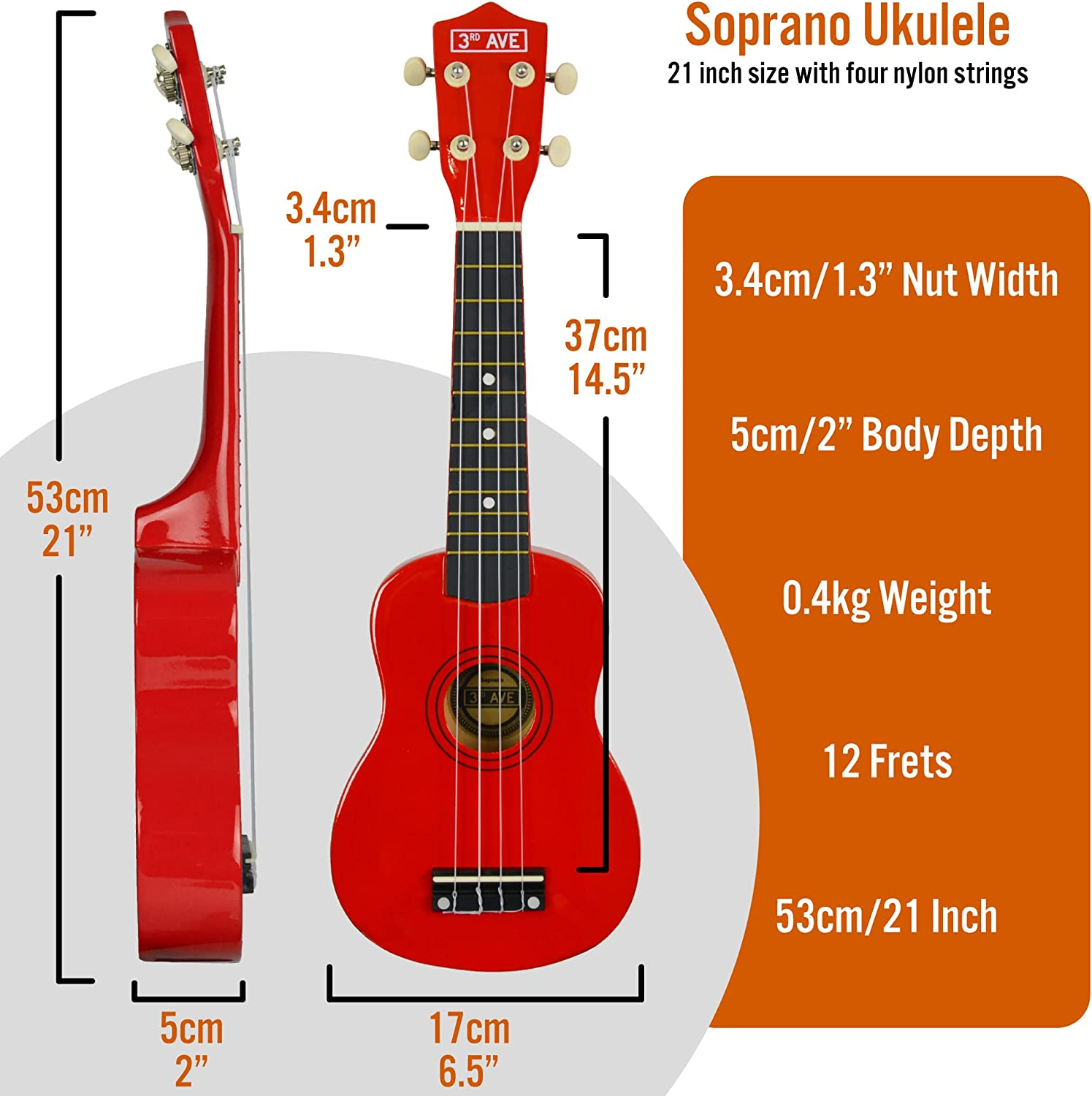 3Rd Avenue Soprano Ukulele Beginner 21 Inch 4 Nylon Strings with Free Uke Bag &ndash; Red image number 5