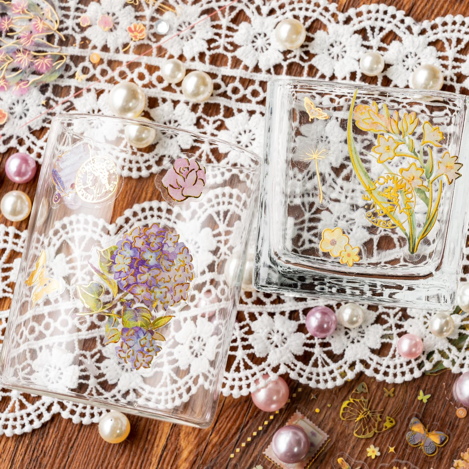 Mayplous 4 Packs Modern Floral Stickers with Silver Foil Embossing for Scrapbooking, Journals, Planners, Card Making & Collage (Villa)