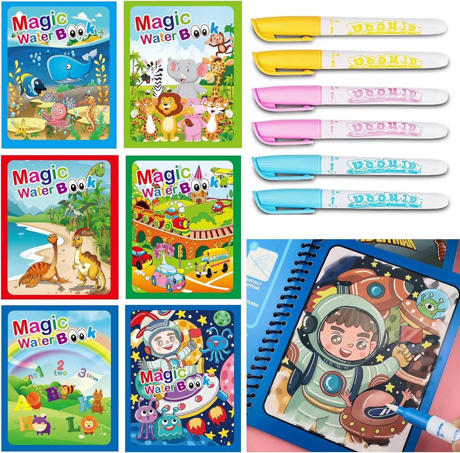 MYLEUS 6 Set Water Drawing Books for for Kids, Kids Montessori Toys Reusable Magic Water Coloring Book Magica Drawing Books Painting Toys Toddler Early Education Toys for Kids 3-6(Pen Random Color) image number 2