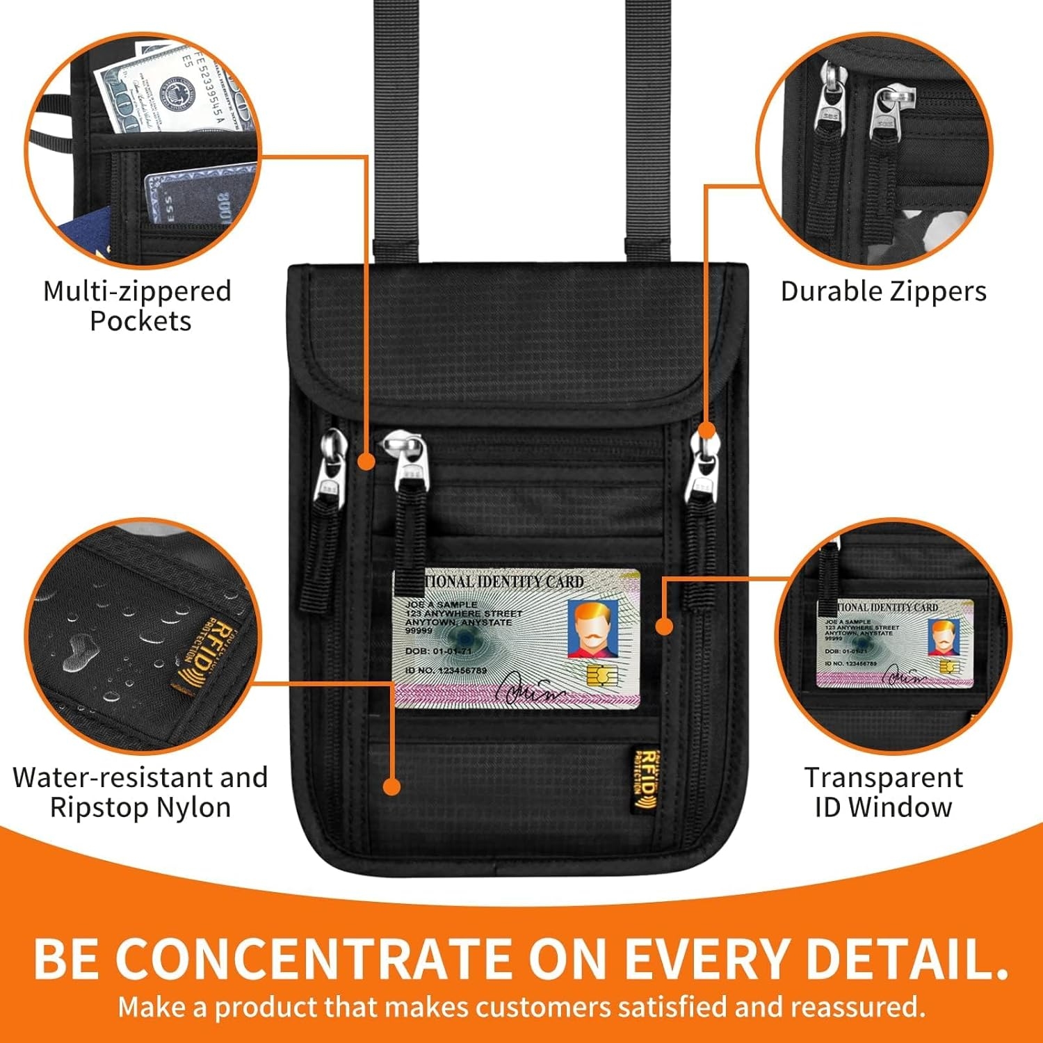 Travel Neck Wallet,Passport Holder Neck Pouch for Men Women with Adjustable Neck Strap and RFID Blocking, Black, Leisure