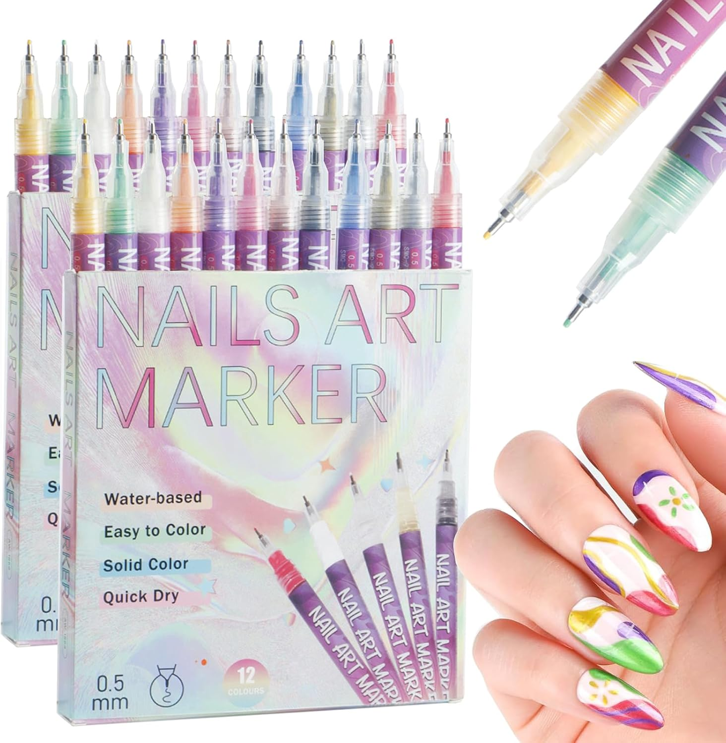 12 Colors Nail Art Pens Set, Nail Art Markers for Gel Nails, Quick Dry Nail Polish Pens for Nail Acrylic Paint Pens Nail Markers for Nail Design Kit Home Nail Salon DIY image number 2