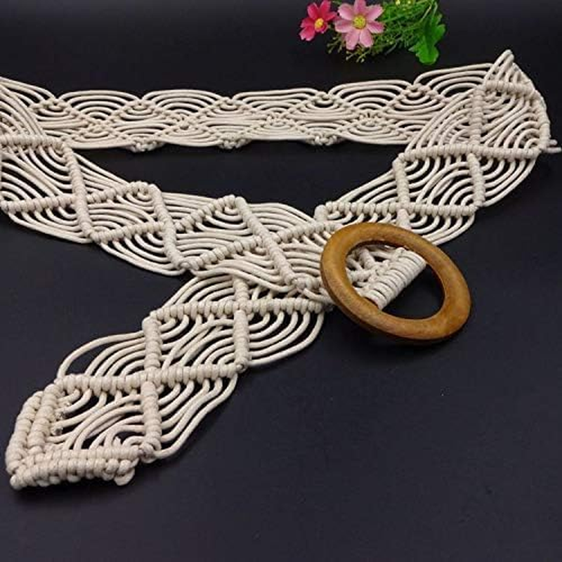 Belts Boho Woven Rattan Rope Braid Waist Belt with O-Ring Wooden Buckle Bohemian Style Skirt Fashion Skinny Macrame Waistband for Women Girls Braided Belt Dress Jeans image number 6
