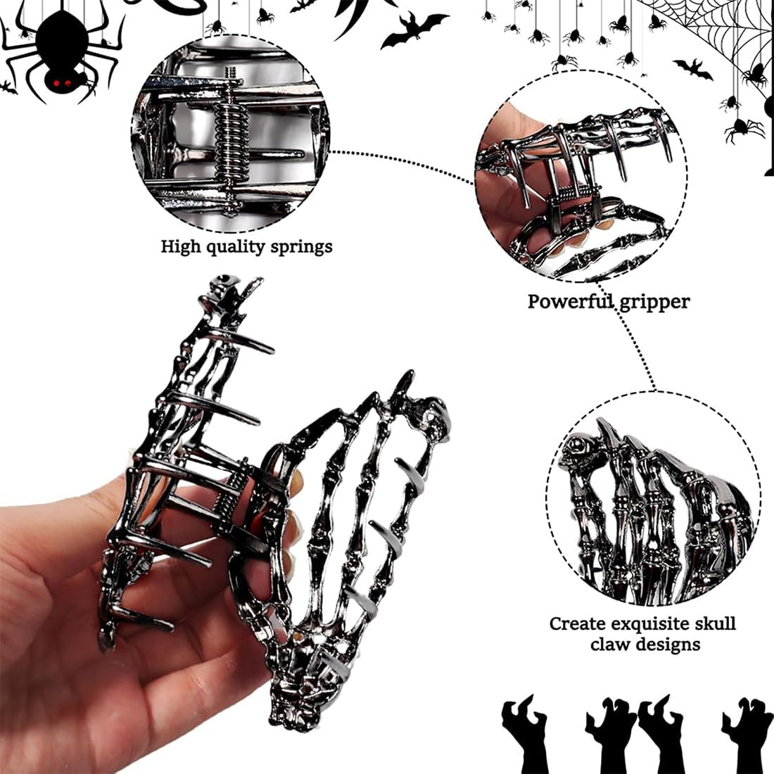 Pack of 3 Stylish Spider Web Metal Hair Clips, Halloween Accessories in Gothic and Y2K Style, Skeleton Hand Spider Web Design, Decorative Large Claw Clip for Everyday Use image number 2