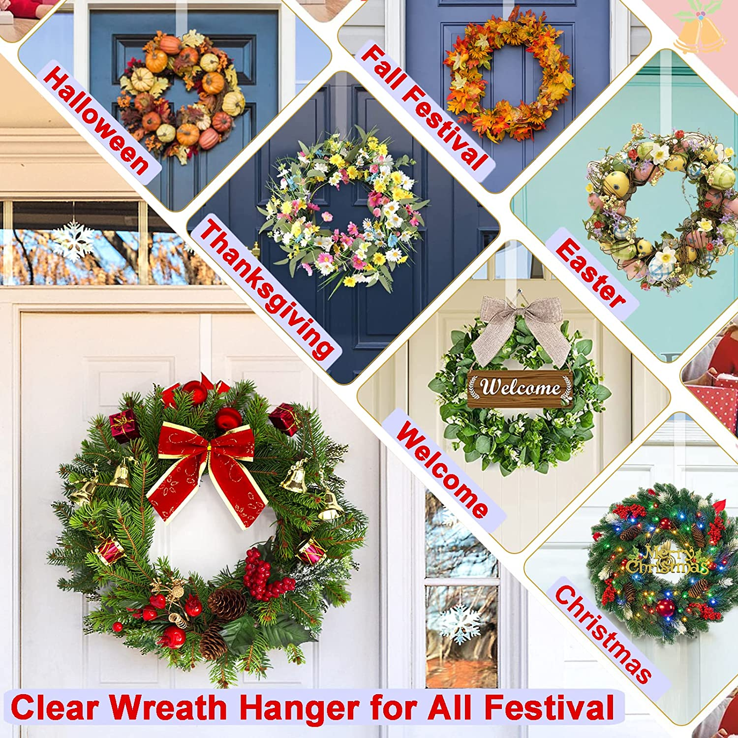 Biorshar Wreath Hanger,12~'' Clear Hooks for Front Door,2 Pack over the Door Easter Christmas Decoration Hangers Fall Halloween Wreaths Holder,Non Scratch D&eacute;cor Welcome Sign