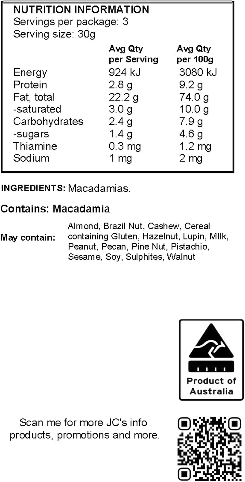 J.C.'S Quality Foods Natural Macadamias 100G