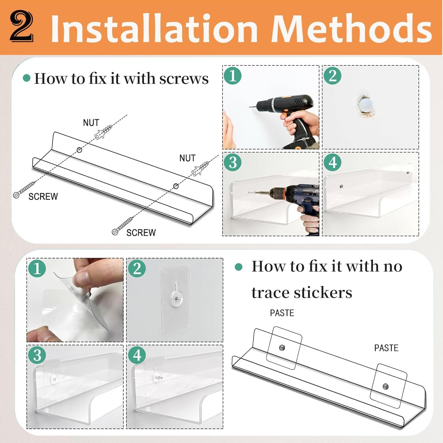 Wall Shelf Floating No Drill, Set of 3 Wall Shelves Set Of, 30 Cm Acrylic Bathroom Shelves Corner Wall Shelf Bedroom Living Room Kitchen Room Decoration image number 3