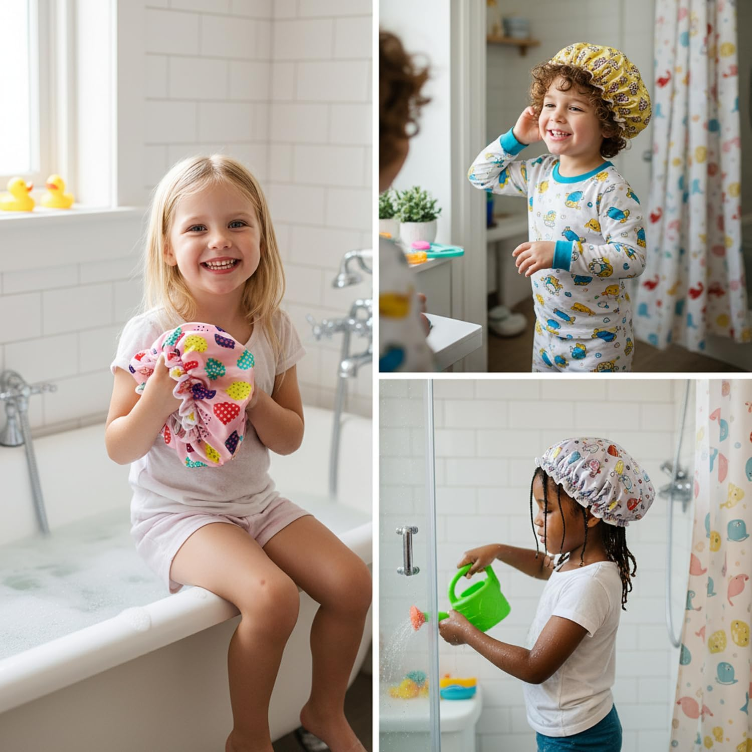 Large Double-Sided Waterproof Shower Cap for Children, 3-Piece Reusable Girls' Bathing and Hair Care Cap with Elastic Band, Spa Salon Bathing and Hair Care Cap - Mecus image number 1